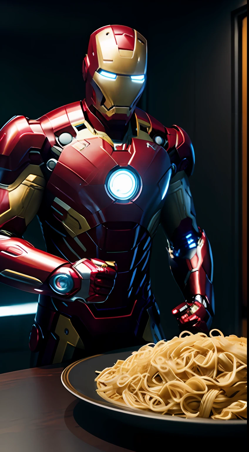 ironman eating noodles, octane render, unreal engine, highly detailed, intricate