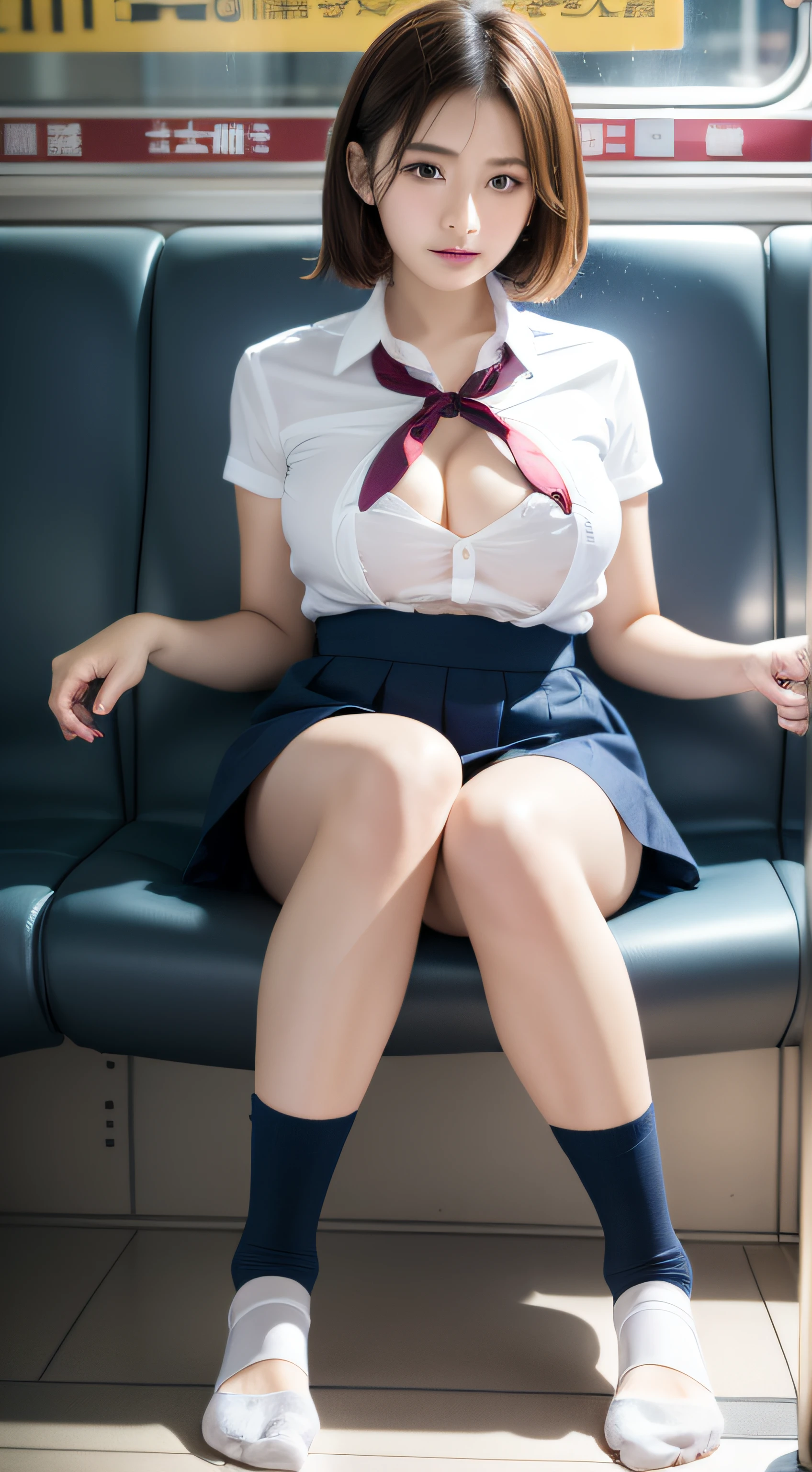 8K、japanaese girl、 girl、High school students、Pull Shorthair、A dark-haired、bangss、Brown-eyed、with round face、Perfect figure、Transparency、The sheen、Gloss、discreet breasts、校服、Navy blue ribbon、Light blue shirt、Navy blue skirt、Loose Socks、Guangyue、Burning Body、hposing Gravure Idol、on train、Beautiful feet、Strong sunshine、Odious、Rain-drenched body、女優、Pose Gravure Idol、乃木坂アイドル、韓国アイドル