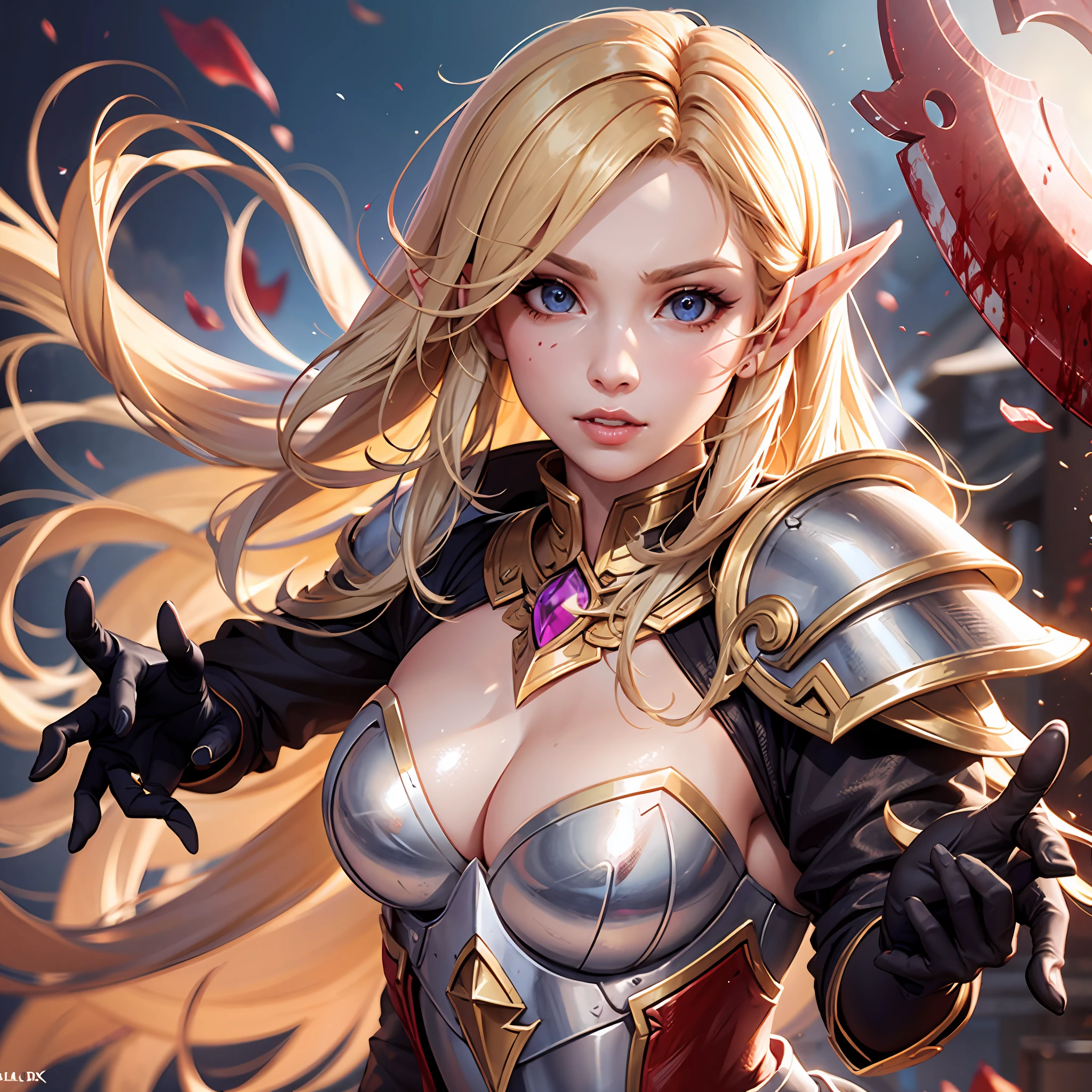 World of Warcraft, Blood Elf, female, elf, paladin, gold armor, silk dress, clothes translucent, cute face, soft facial features, light skin, blonde hair, long hair, straight hair, flat body, big ax in hands, attack pose, professional photo, movie photography, realism, hyperrealism, ray tracing, high detail, super detail, UHD, 8k