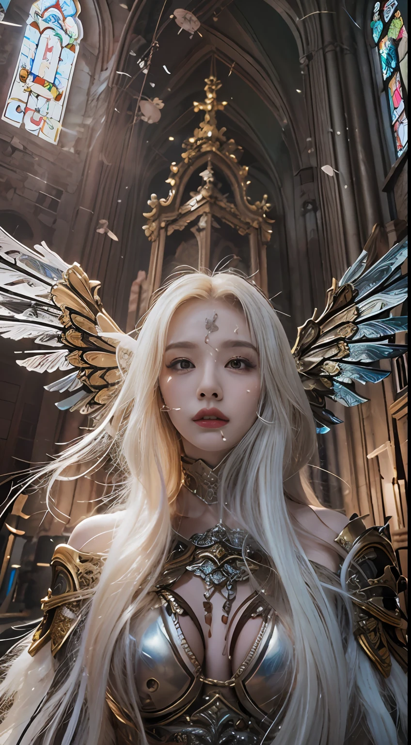 （8K，Best picture quality：1.2），（tmasterpiece：1.37），（photore，realisticlying：1.37），（超高分辨率），realisticlying，photographed，((Meticulous facial features))，A half body，（Valkyrie，holy paladin：0.6）Beautiful design，Shiny，huge tit，Slim body，(the angel's wings)，undergarments，belly-bar，complex，Korea（High quality background inside ruined church empty at night) , (high detal) , 电影灯光