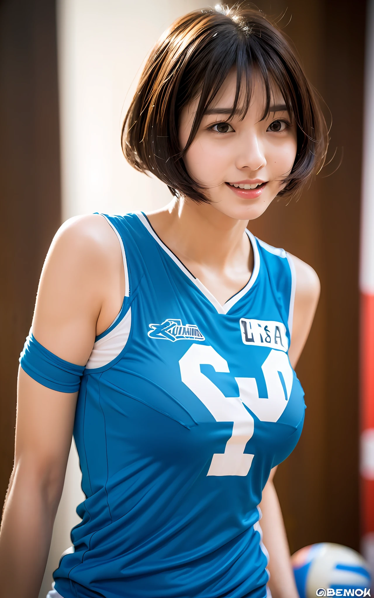 (Photorealistic: 1.2, With the highest quality, 8K ), ( 20yr old, K-pop idols、 Sweat: 1.2, Colossal tits:1.5、big butts), Fine skin, (Film Lighting),  Soft light, Double eyelids, ((excited、A sexy、pheromone、tshirts、Volleyball player、bob cuts))(1girl in)、Colossal tits、breastsout、Expose muscles、Sweat muscles