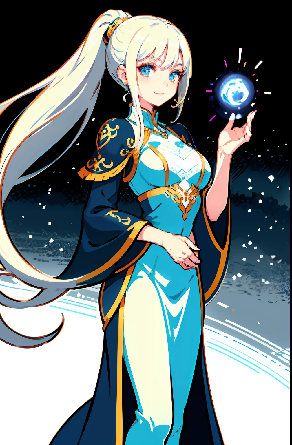 offcial art，品质最佳，finedetail，close-up all over the body，A beautiful white girl，Costumes for fantasy worlds,wearing a white skirt，Long white hair shawl，hair flowing，Very long ponytail，Manners are elegant，with a faint smile on his face，Floating in the air，Perfect figure。