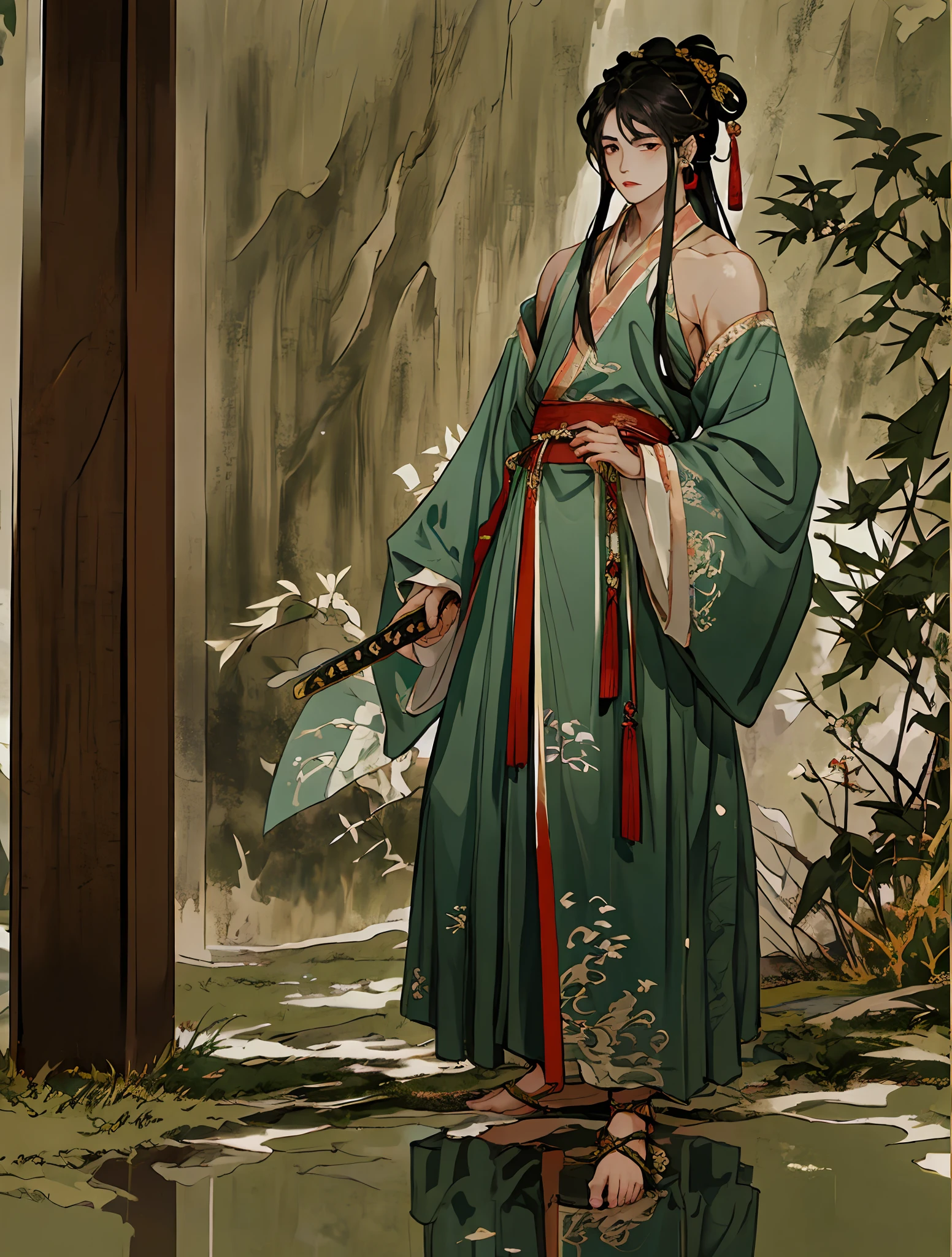 Best quality,Male, age,Fair skin,Nippur, Barefoot, bare shoulders, Bare legs,The ears have earrings,The ankle has ankle rings,Ancient Chinese style,Long hair,Junior Home,,8K,delicated,ultraclear,Practice swords,Long sword in hand