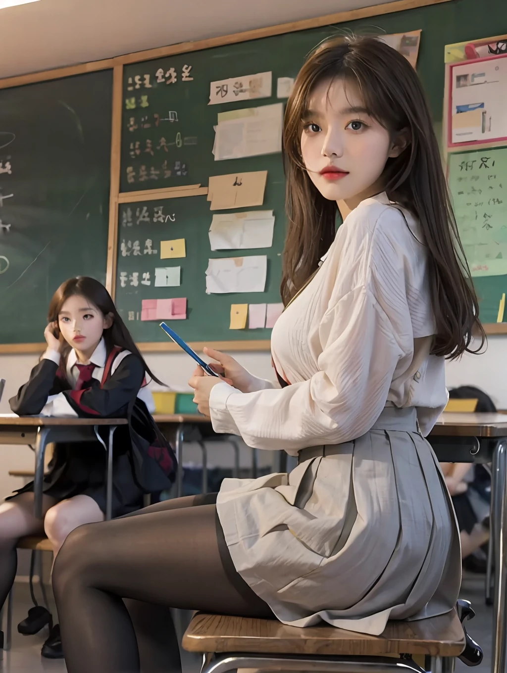 Masterpiece, Best Quality, Ultra Detailed, Illustration, Colorful, FAQ Color, Depth of Field, Lens Glow, 1girl, Hong Kong Beauty, Royal Sister Style, Sexy Style, Seated, Brunette Hair, Looking at the Audience, School, Classroom, Pleated Miniskirt, School Uniform, Serafuku, Black Pantyhose, Delicate Skin Texture, Fine Fabric Texture, Beautiful and Meticulous Face,
