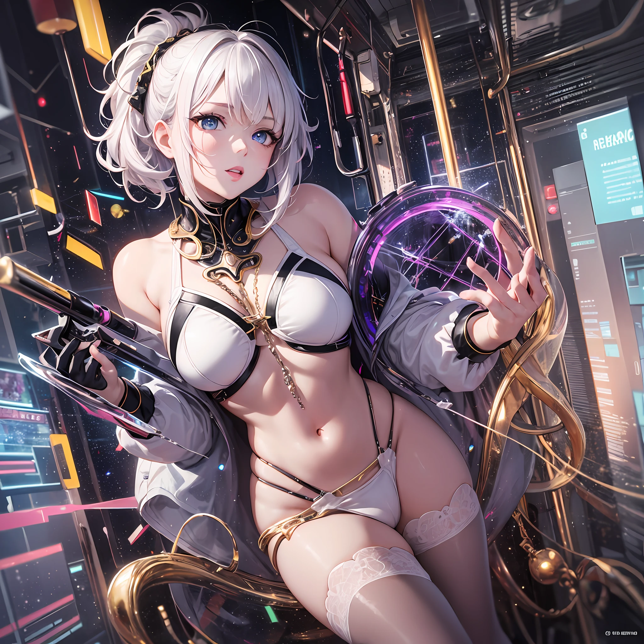 An ultra-high picture quality, Super Detail, High resolution, Anime, Manga, Illustration, Fantasy, Intelligent beauty, Amorous expression, Glossy flowing layered messy white short hair, Half Up Braided Hairstyle, Sparkling blue eyes, Seductive moist pink lips, great proportion, Full body, white thong bikini, skimpy bottom, Northern Renaissance style in the background, Galaxy, Magic Circle, Kaleidoscope, rainbow and gold neon light many lines, cyberpunked