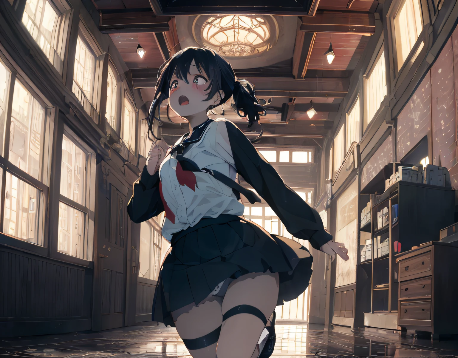 masterpiece, best quality, ultra-detailed, illustration, an extremely delicate and beautiful, cute, 2girls, yuri,two girls holding hands and running, energetic, active, cute, black hair, labyrinth, Mysterious world, night, rain outside the window, lanthanum, search, adventure, run away, chased, dark blue colored skirt, intricate building, complex architecture, dynamic angle, cinematic angle, indoor , wide shot, run, huge building, dark and light, troubled eyebrows, scared, anguish, white blouse, decadent, drifting, where are we? , looking around, fisheye lens, vulgarity, open mouth, panty shot,(nsfw:1.5),