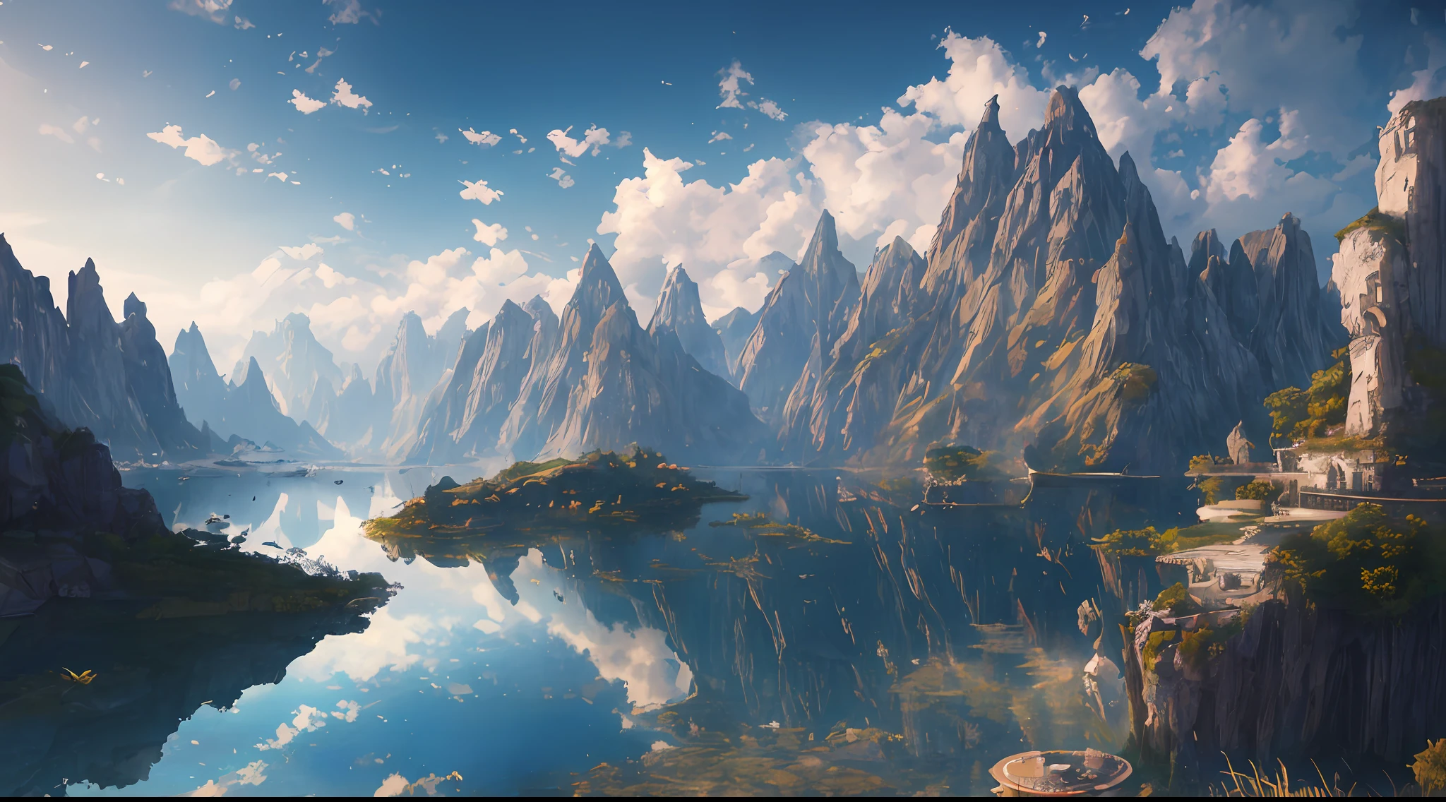 Masterpiece, best quality, high quality, extremely detailed CG unity 8k wallpaper, landscape, outdoor, sky, clouds, sky, no humans, mountain, landscape, water, tree, blue sky, waterfall, cliff, nature, lake, river , cloudy skies, award winning photography, bokeh, depth of field, HDR, bloom, chromatic aberration, photorealism, very detailed, trending on artstation, trending on CGsociety, intricate, high detail, dramatic, half way art