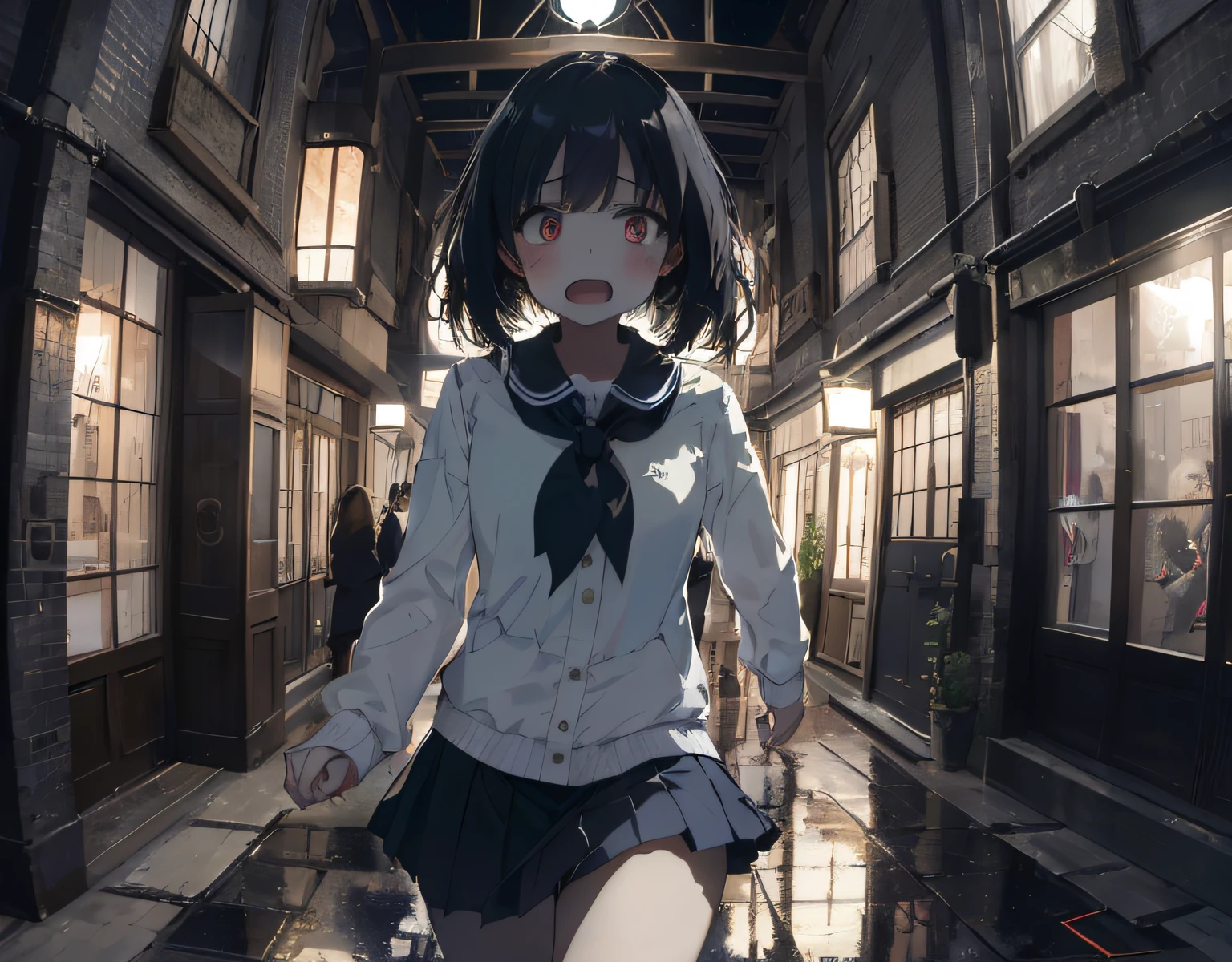 masterpiece, best quality, ultra-detailed, illustration, an extremely delicate and beautiful, cute, 2girls, yuri ,2girls holding hands and running, energetic, active, cute, black hair, labyrinth, Mysterious world, night, rain outside the window, lanthanum, search, adventure, run away, chased, dark blue colored skirt, intricate building, complex architecture, dynamic angle, cinematic angle, indoor , wide shot, run, huge building, dark and light, troubled eyebrows, scared, anguish, white blouse, decadent, drifting, where are we? , looking around, fisheye lens, vulgarity, open mouth, panty shot
