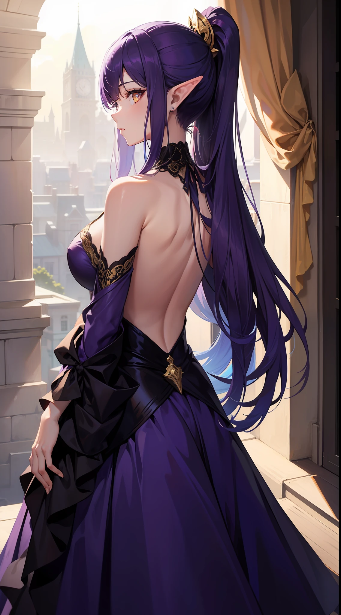 young girl, long purple hair, high ponytail, golden eyes, elf ears, Purple royal dress, open shoulders, stands with his back, Masterpiece, hiquality