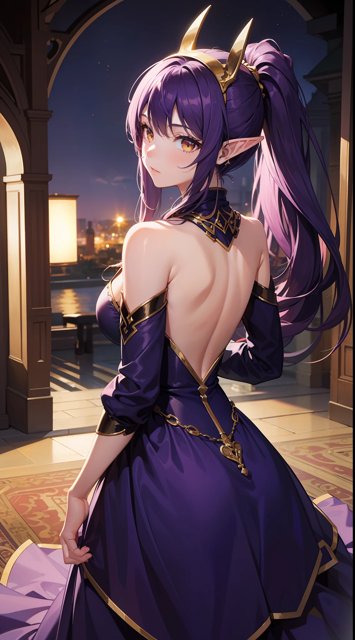 young girl, long purple hair, high ponytail, golden eyes, elf ears, Purple royal dress, open shoulders, stands with his back, Masterpiece, hiquality