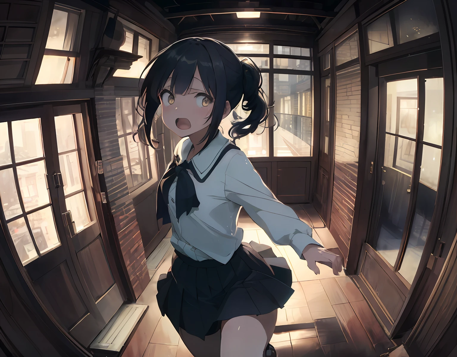 masterpiece, best quality, ultra-detailed, illustration, an extremely delicate and beautiful, cute, 2girls, yuri ,2girls holding hands and running, energetic, active, cute, black hair, labyrinth, Mysterious world, night, rain outside the window, lanthanum, search, adventure, run away, chased, dark blue colored skirt, intricate building, complex architecture, dynamic angle, cinematic angle, indoor , wide shot, run, huge building, dark and light, troubled eyebrows, scared, anguish, white blouse, decadent, drifting, where are we? , looking around, fisheye lens, vulgarity, open mouth, panty shot