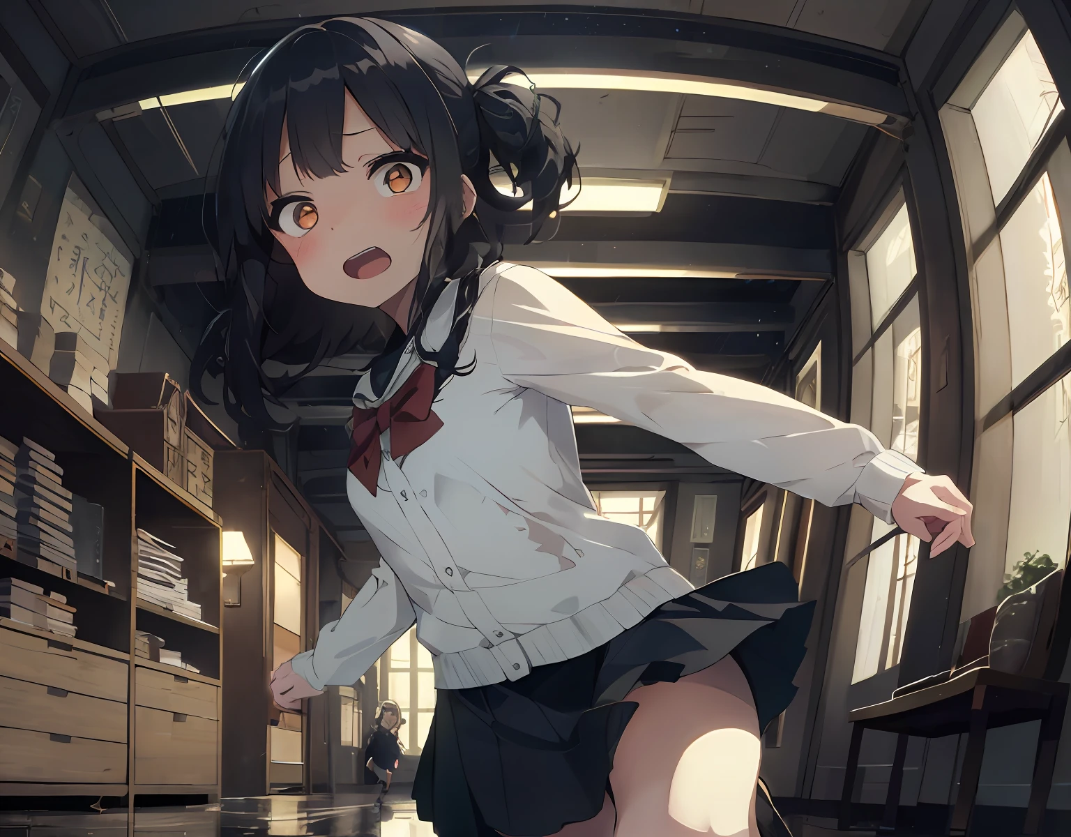 masterpiece, best quality, ultra-detailed, illustration, an extremely delicate and beautiful, cute, 2girls, yuri ,2girls holding hands and running, energetic, active, cute, black hair, labyrinth, Mysterious world, night, rain outside the window, lanthanum, search, adventure, run away, chased, dark blue colored skirt, intricate building, complex architecture, dynamic angle, cinematic angle, indoor , wide shot, run, huge building, dark and light, troubled eyebrows, scared, anguish, white blouse, decadent, drifting, where are we? , looking around, fisheye lens, vulgarity, open mouth, panty shot