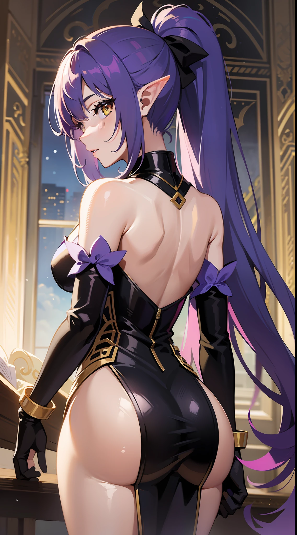 young girl, long purple hair, high ponytail, golden eyes, elf ears, Purple royal dress, open shoulders, stands with his back, open , Masterpiece, hiquality