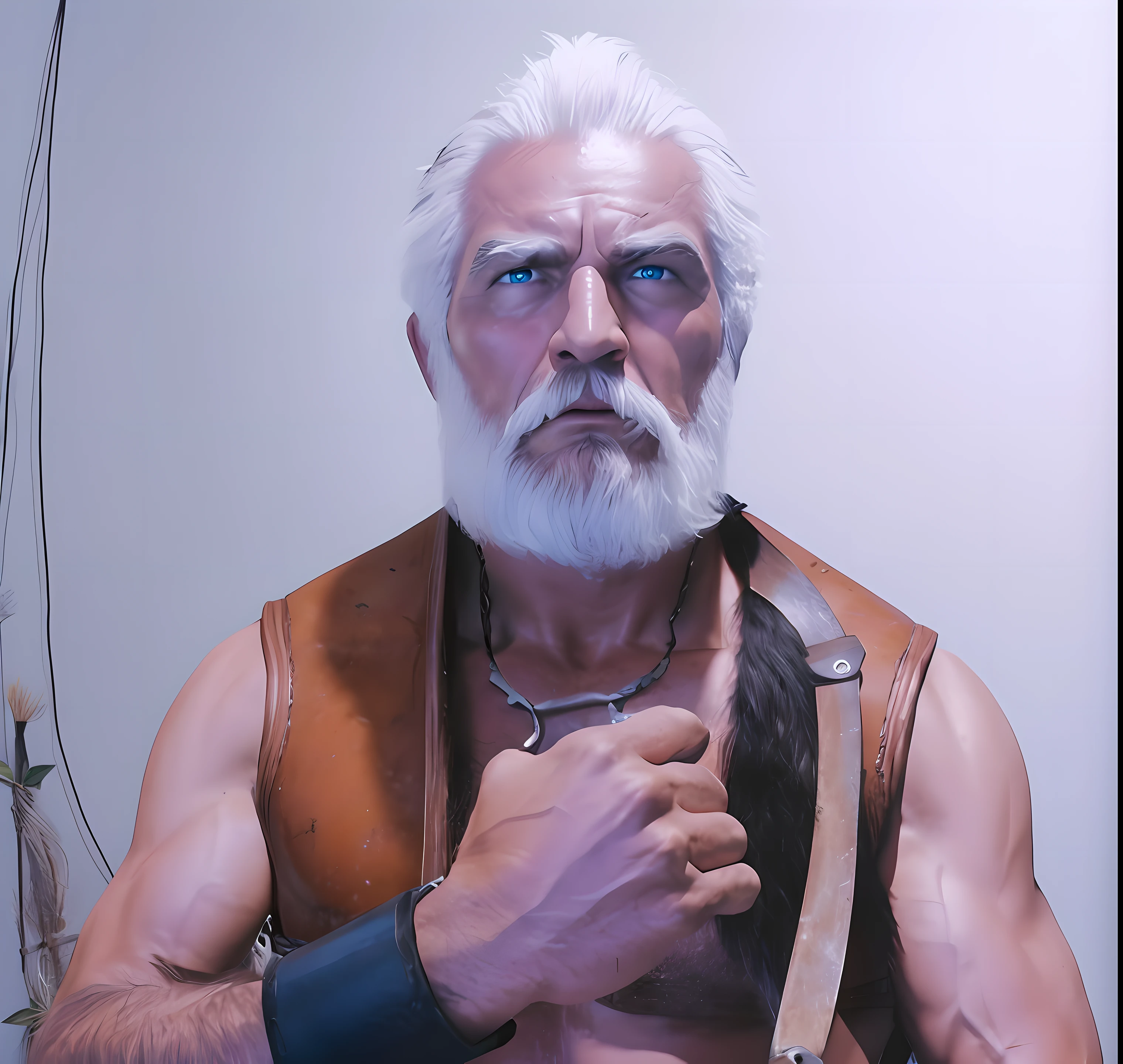 realistic photo of a muscular barbarian warrior, cabelos brancos compridos, barba branca, montanhas ao fundo, light volumetric, foco nítido, alta qualidade, realista, cinematic  composition, arte conceitual, poster, 8k