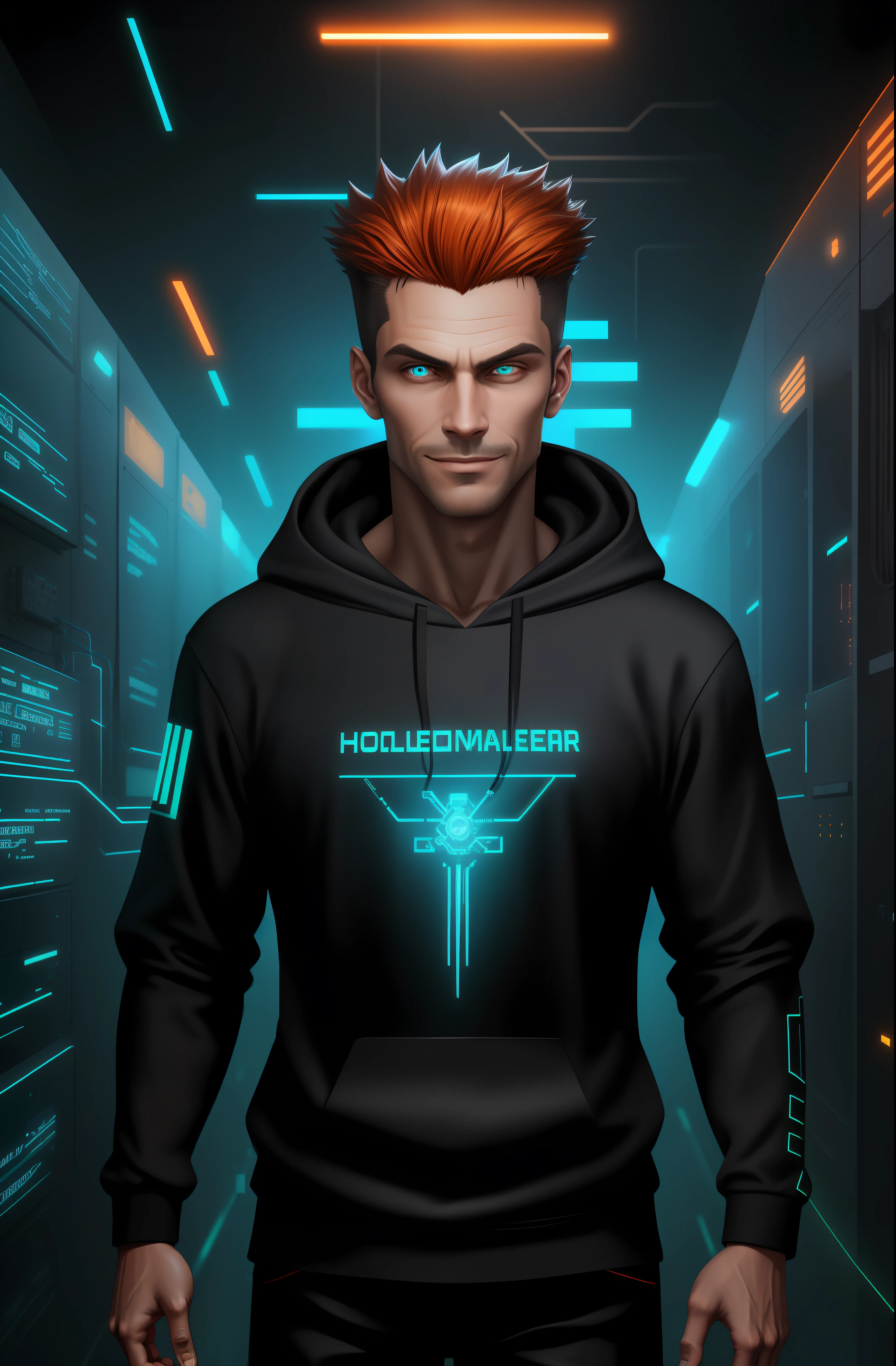 (Absurdres, Intricate Details, Masterpiece, Best Quality, High Resolution, 8k), 1 black male, swedish, mature, aged up, handsome, finely detailed eyes and face, brown quiff hair, teal eyes, looking at viewer, solo, (full body:0.6), detailed background, detailed face, (CircuitBoardAI, electronic theme:1.1) evil high-tech futuristic hacker, smirk, advanced technology, hoodie, techwear, keycard, cables, (holographic display:1.05), error message, computer, password, server room in background, orange lights, cyber-warfare, dark sinister atmosphere, Depth of Field, VFX.