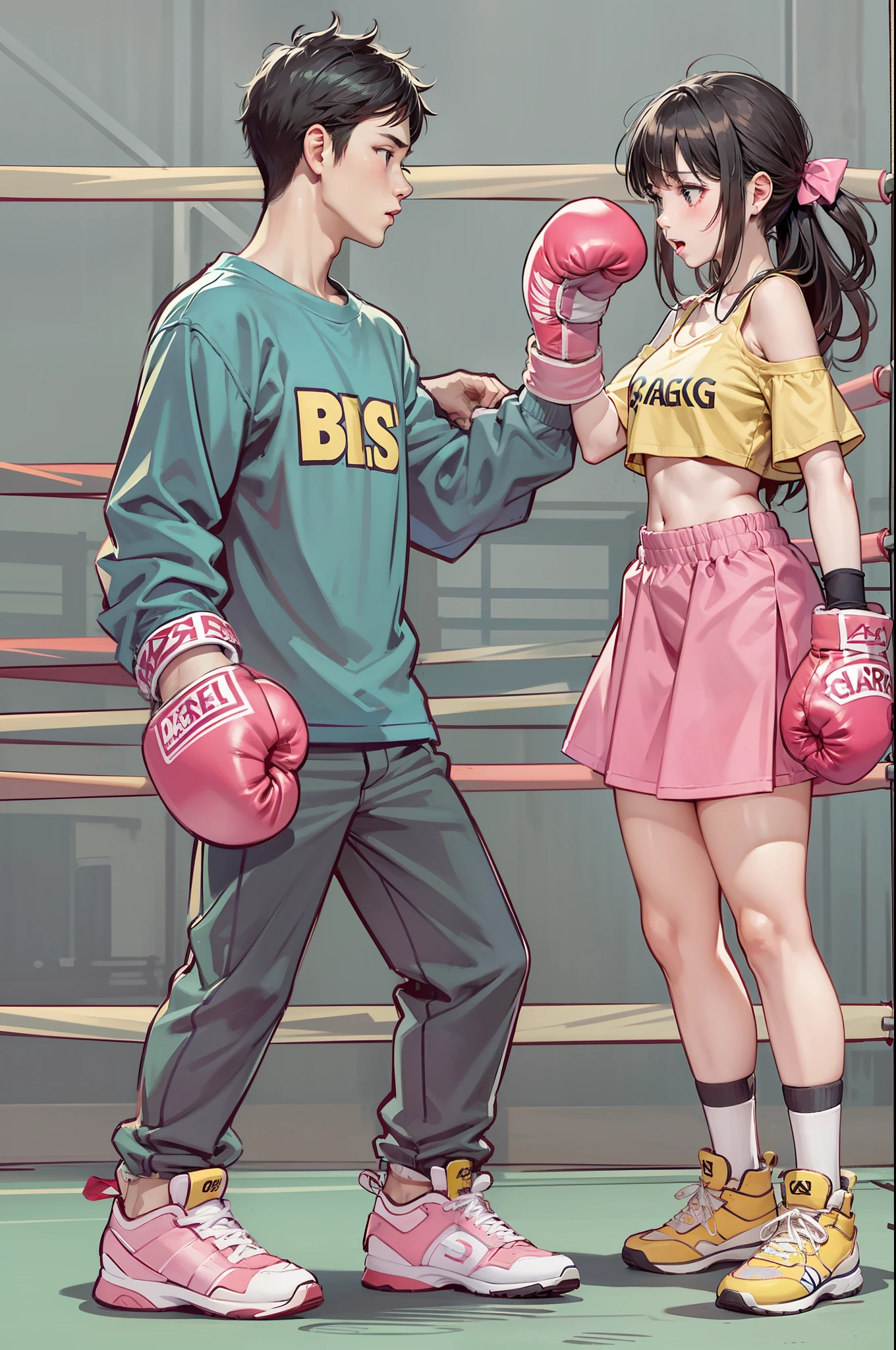 {{1boy and 1girl}}, {{matsrepiece}}, {{best quality}}, {{{boy and girl are fighting against each other on boxing ring}}}, {{{girl is punching boy's face}}}, high school cute girl, high school thin boy, girl wearing pink and yellow T-shirt, girl with pink boxing glove, navel baring girl, off shoulder girl