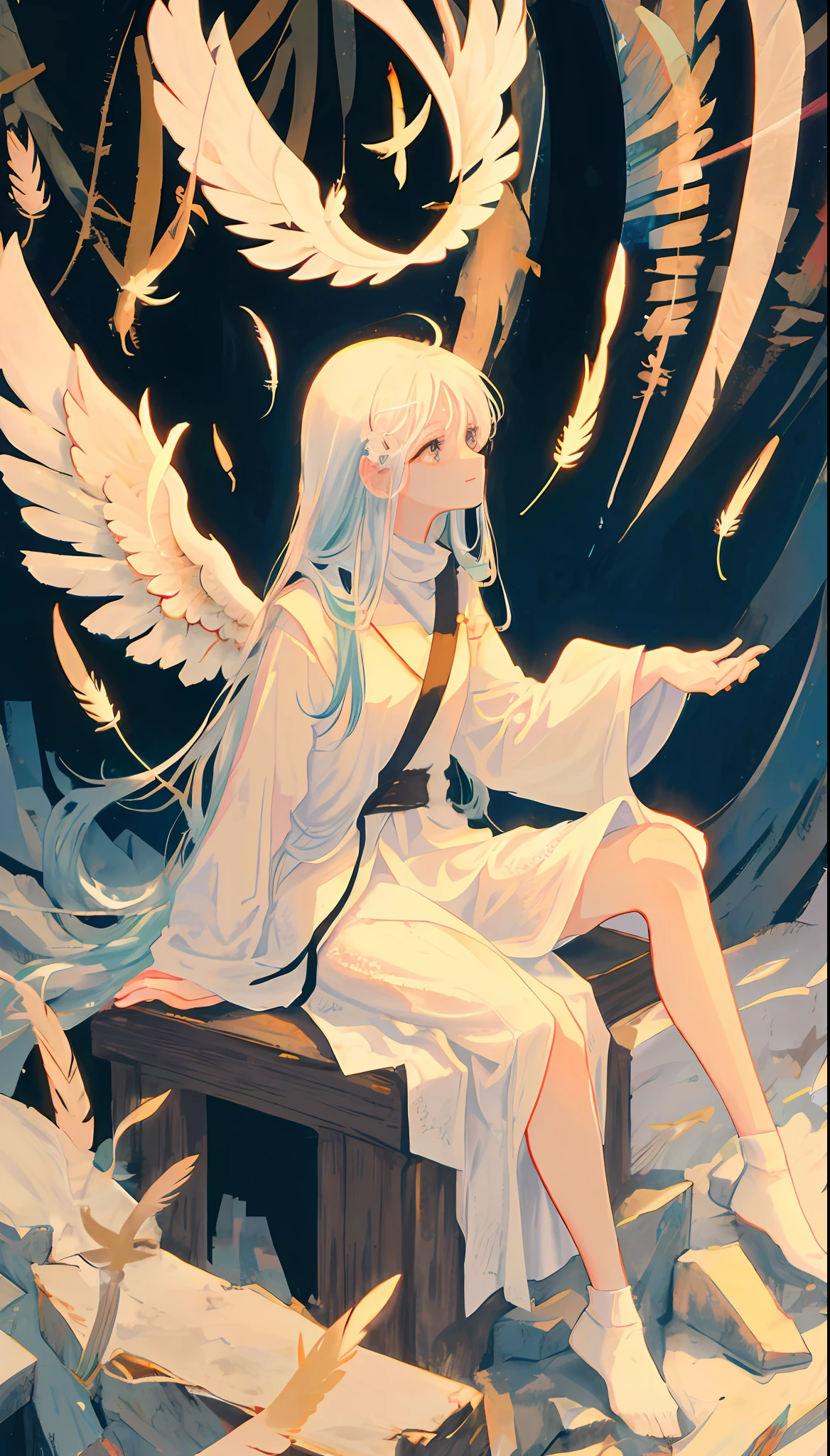 masutepiece,Best Quality,Super delicate,Two hands,2 legs,Five Fingers,1 girl,White long hair,White-eyed,Philosophical,Angel wings,Circle of Angels,Say a Prayer,Feathers flutter around the perimeter,sacred place,Sit up,White 1 piece of cloth clothes