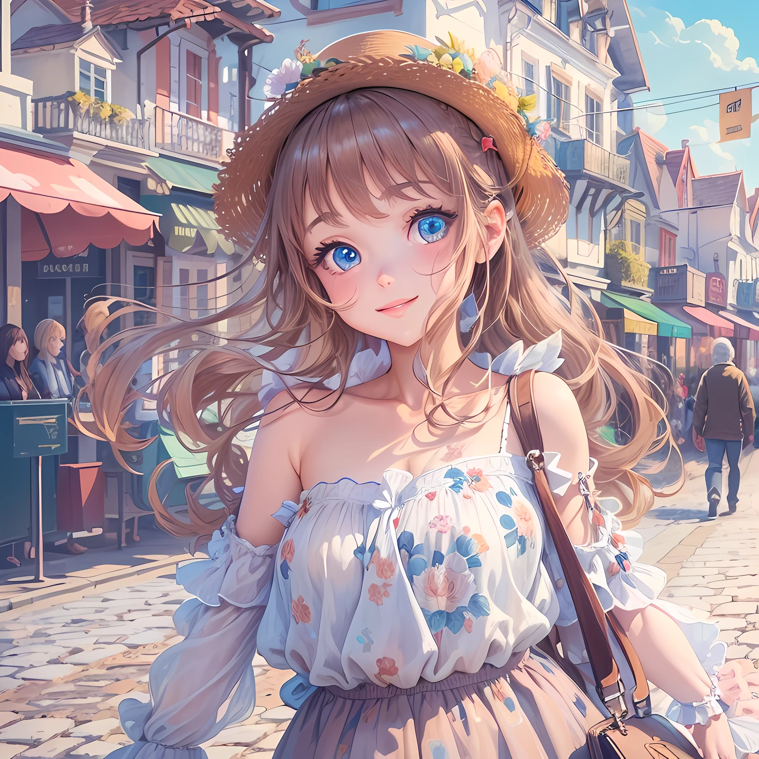 (8k, best quality, masterpiece:1.2), (illustration, detailed eyes, detailed face:1.3), ultra-detailed, 1girl, cute, solo, Beautiful detailed sky, daytime, walking, smile, street, seaside town,