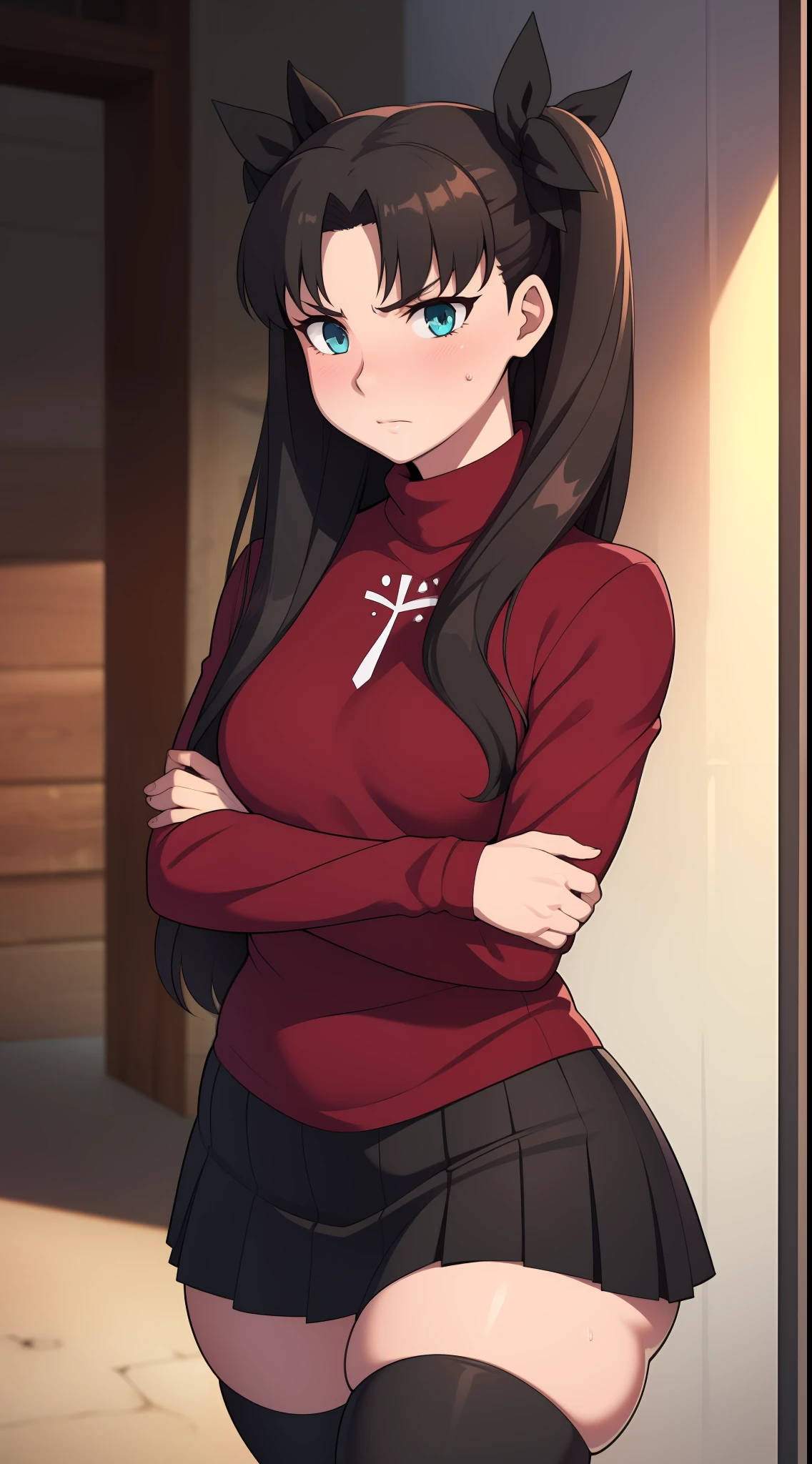 ((kipteitei art)), ((masterpiece)), (((best quality))), ((ultra-detailed)), (((illustration))), detailed face, ultra cute face, detailed body, ((1girl)), ((solo)), ((Rin Tohsaka)), aqua eyes, black hair, hair ribbon, long hair, ribbon, sidelocks, black thighhighs, long sleeves, miniskirt, pleated skirt, red sweater, skirt, sweater, turtleneck, looking at viewer, cowboy shot, arms crossed, tsundere, blush, annoyed, (small breasts), perky breasts, wide hips, thick thighs, walking down the street, town,