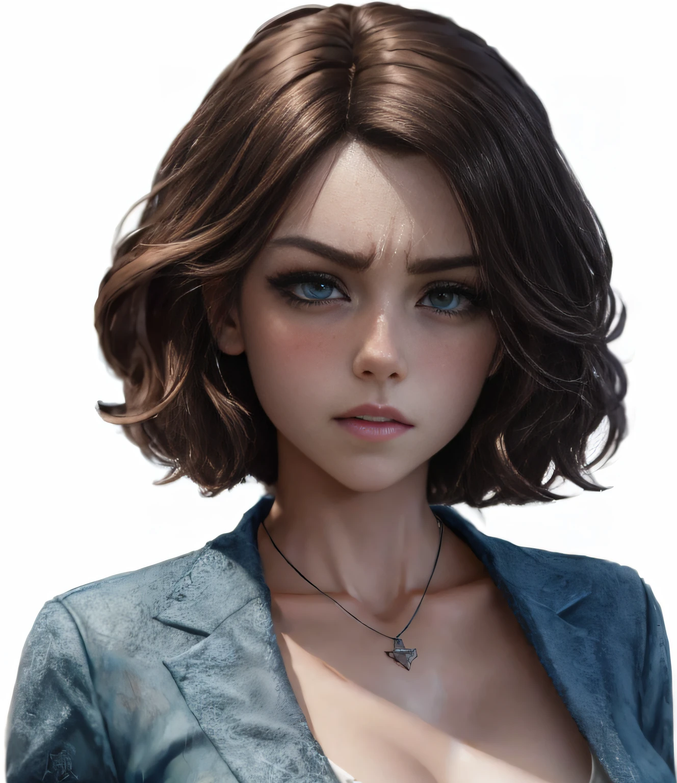 a little bit angry woman with a necklace and a jacket on, highly detailed character, realistic artstyle, 8k portrait render, artgerm ; 3d unreal engine, detailed character portrait, realistic anime 3 d style, photorealistic artstyle, realistic art style, character art portrait, hyperrealistic schoolgirl, photorealistic anime girl render, render of april, high quality portrait