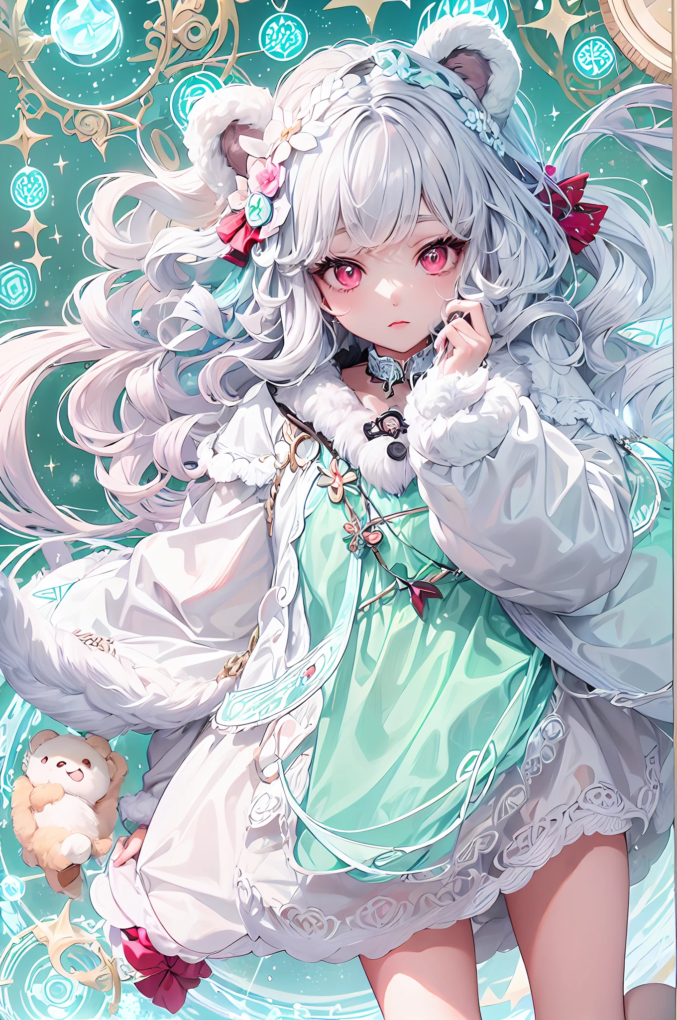 1girl, blackpink hair, light silver eyes almost white, modern and modest clothing, fashion outfit, ultra curly hair, bear with teal fur and red eyes, background is magnificent and ultra detailed, cute face, pretty, floating pose, cute legs, fullbody, sparkle, dreamy, dreams