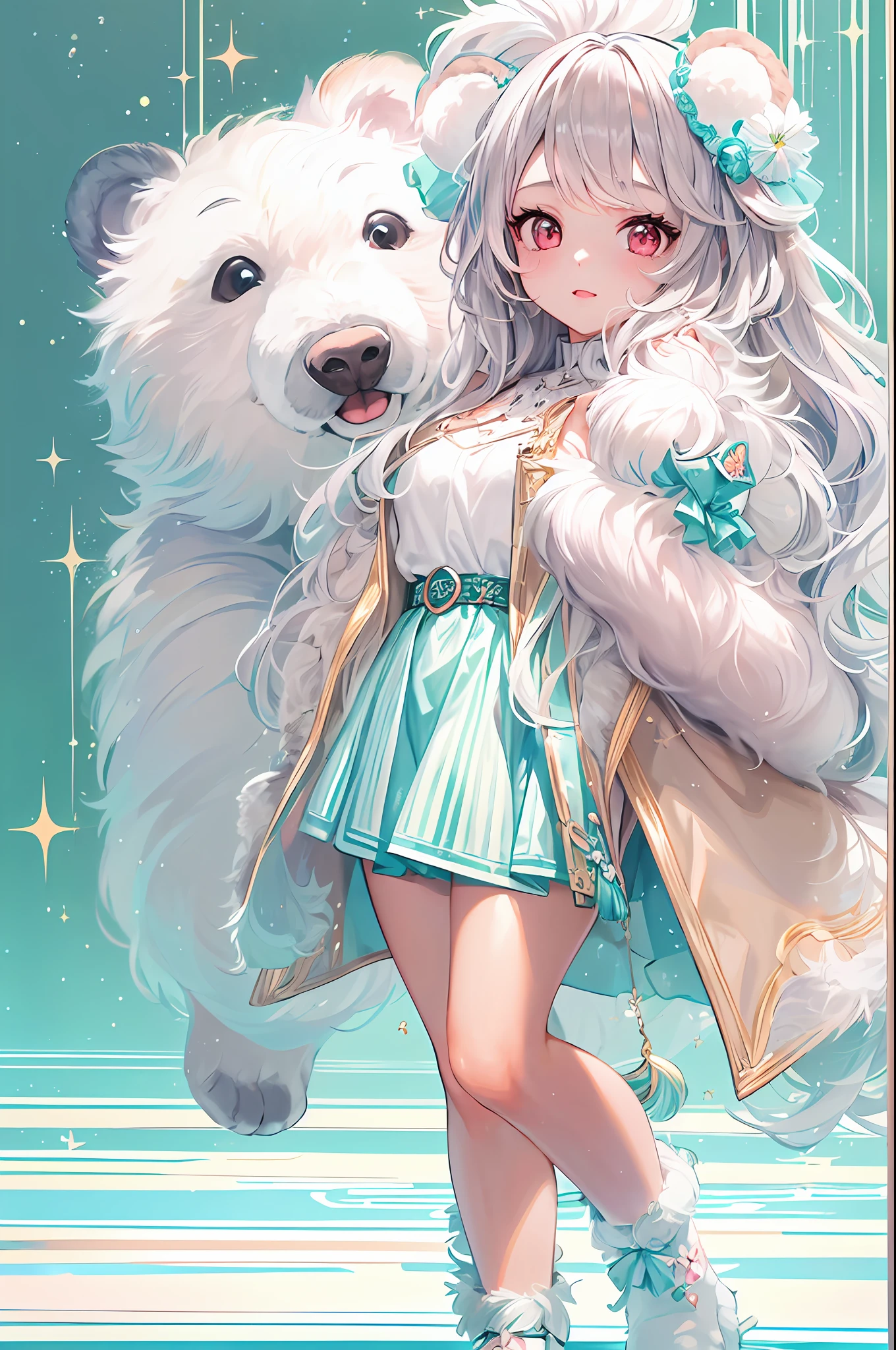 1girl, blackpink hair, light silver eyes almost white, modern and modest clothing, fashion outfit, ultra curly hair, bear with teal fur and red eyes, background is magnificent and ultra detailed, cute face, pretty, floating pose, cute legs, fullbody, sparkle, dreamy, dreams