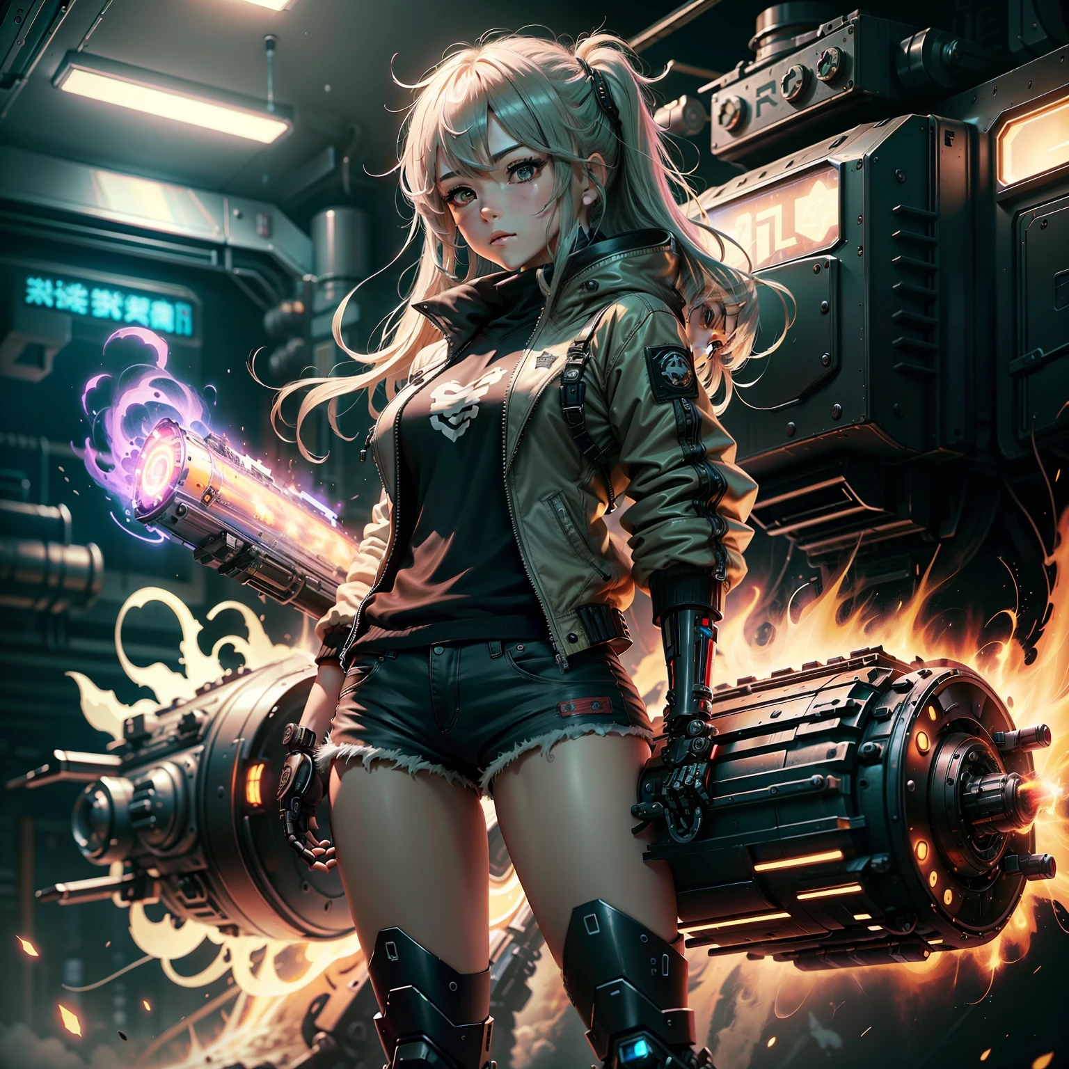 Anime girl in shorts and jacket standing in front of the locomotive,Guweiz style artwork,Cyberpunk anime girl mecha,Trends on CGiStations,guweiz,Russell Dongjun Lu,digital cyberpunk anime art,ross tran 8 k,Guweiz on ArtStation Pixiv ,Mecha network armor girl,((best qualtiy,8k,tmasterpiece:1.3)) --auto