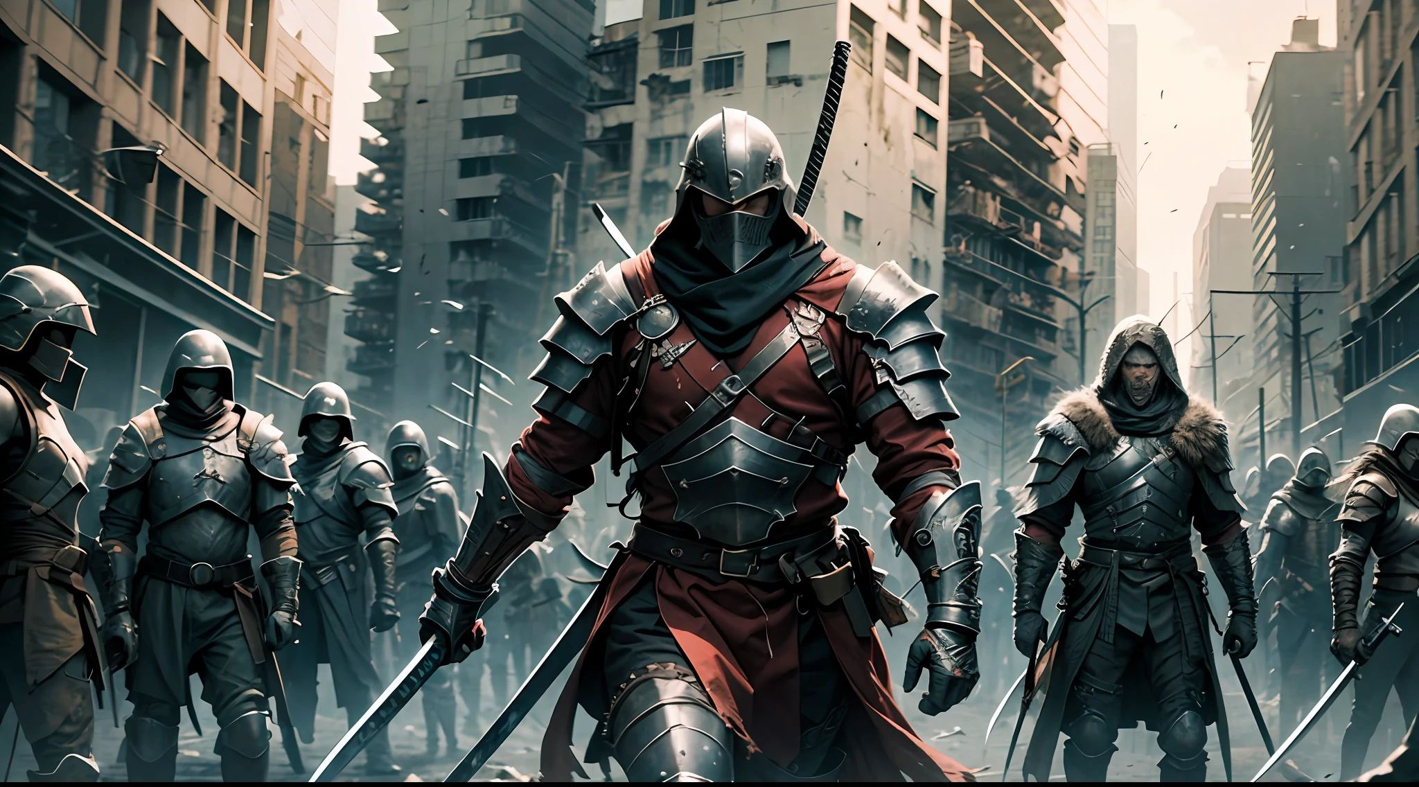 Asian middle-aged male,Running on the ruins,full armour,katana swords,hand gun,Around him stood a group of mutants,Takes place in the apocalyptic world,tmasterpiece,16K, --auto