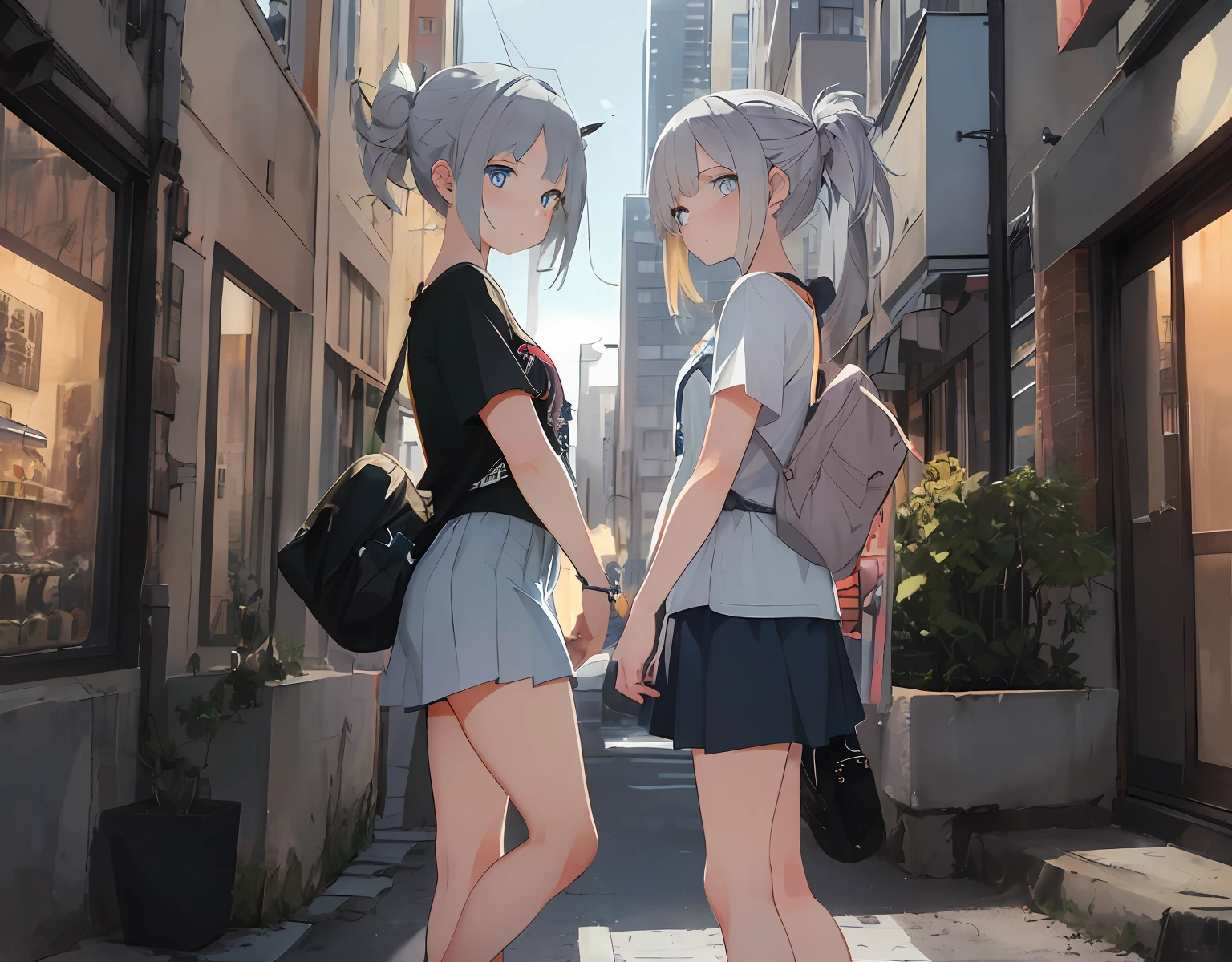masterpiece, best quality, ultra-detailed, illustration, an extremely delicate and beautiful, cute, 2girls, from side, multicolored hair, grey hair, (blonde hair)++, blue eyes, (spiked hair)++, t-shirt, casual, sandals, cityscape