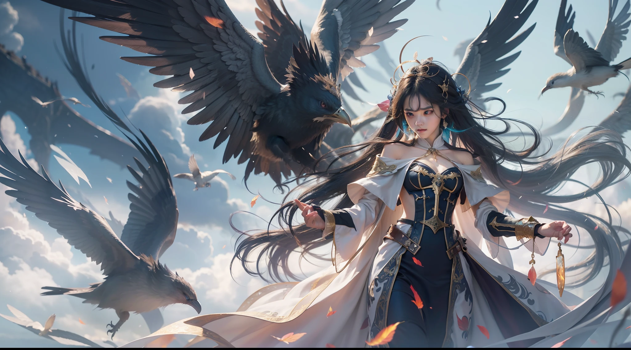 Magic Book,Blood,Night, Dark, (Fantasy),infinite,deep blue sky,The abyss of knowledge,Cowledge,((masutepiece)), (((Best Quality))),((Beautiful fine eyes)),(Eye lashes)、Beautiful girl riding a phoenix、(1人)、Perfect human body structure、Black hair、The long-haired、abyss eyes、glowy skin、oils、small tits、(Bird body、pluma)、Wizard robes、tattered cloth、Realistic coat、Tee、elvish、Super delicate CG Unity 32k wallpaper、masterpiece, ((ultra-detailliert)), ((illustratio)),colourfull,wall-paper,The energy,Unknown terror,Incomprehensible,Around the magic,Magical surroundings,magic wands,Boken,Flying pages,Know everything,Predict the future、Get to know the past、Infinite wisdom、blue flames、Warlock、magic circles、Pentagram、Spells、mantra、Singing magic