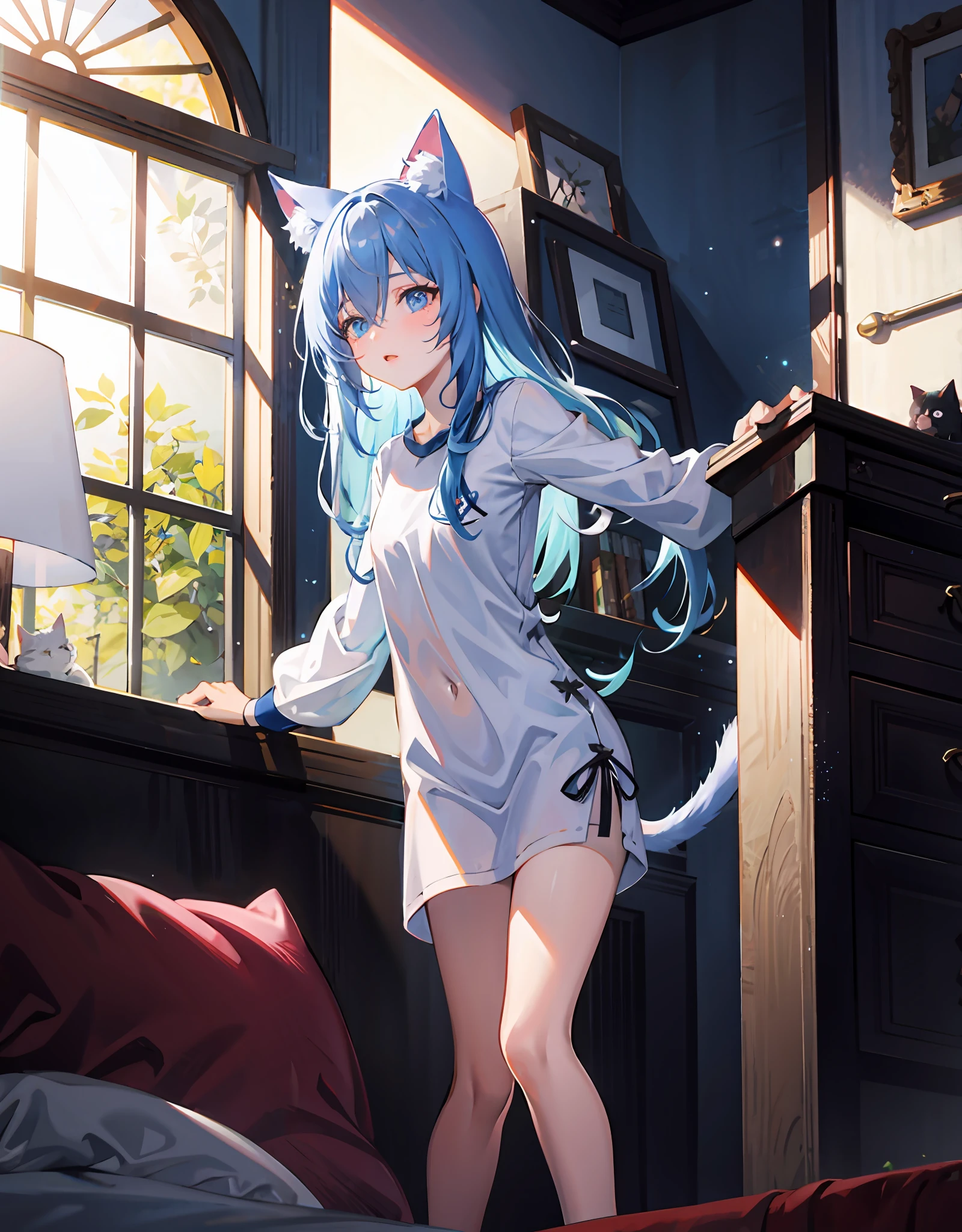 masutepiece,Best Quality,ultra-detailliert,Two hands,Two legs,Five Fingers,best faces,1 girl,Blue Long Hair,timid,Cat ears,pale blue eyes, Height 145cm,small tits,Big shirt,Yawn, Stretch your body,Close one eye,Teary-eyed, Sit on the bed,light coming through the window,Cat tail,In face