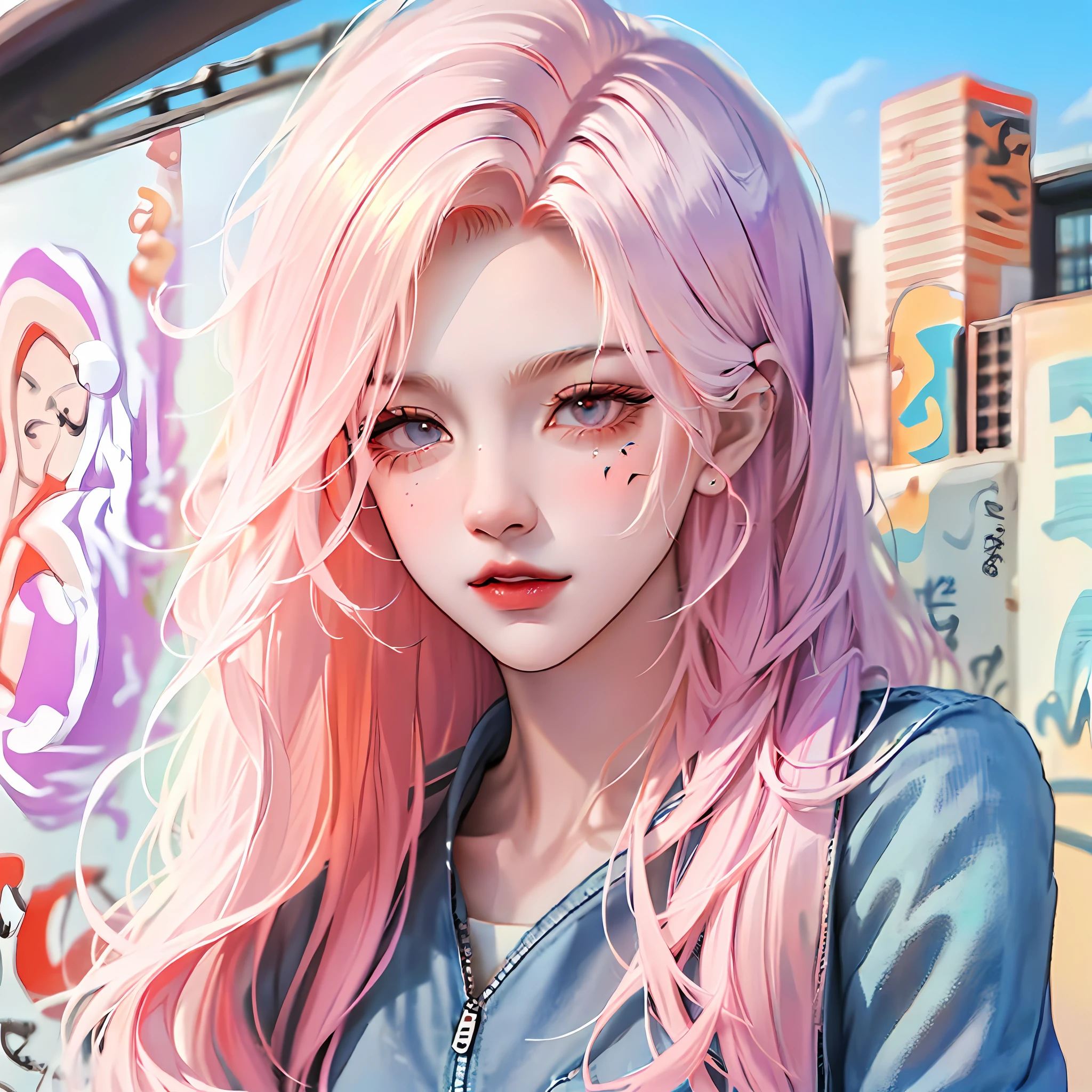 tmasterpiece，hyper HD，high rise，32K，best qualtiy，high detal，textureskin，A young and beautiful woman，Extremely detailed and delicate facial features，Detailed eye details，Rainbow long hair,Sweatshirt，denim short,White board shoes，Outdoor streets，Big graffiti on the wall，Colorful graffiti，in the afternoon，Sunlight，Volumetriclighting，big vista，Lots of white space，（Correct human anatomy：1.2），Perspectiva subjetiva，full body shot shot