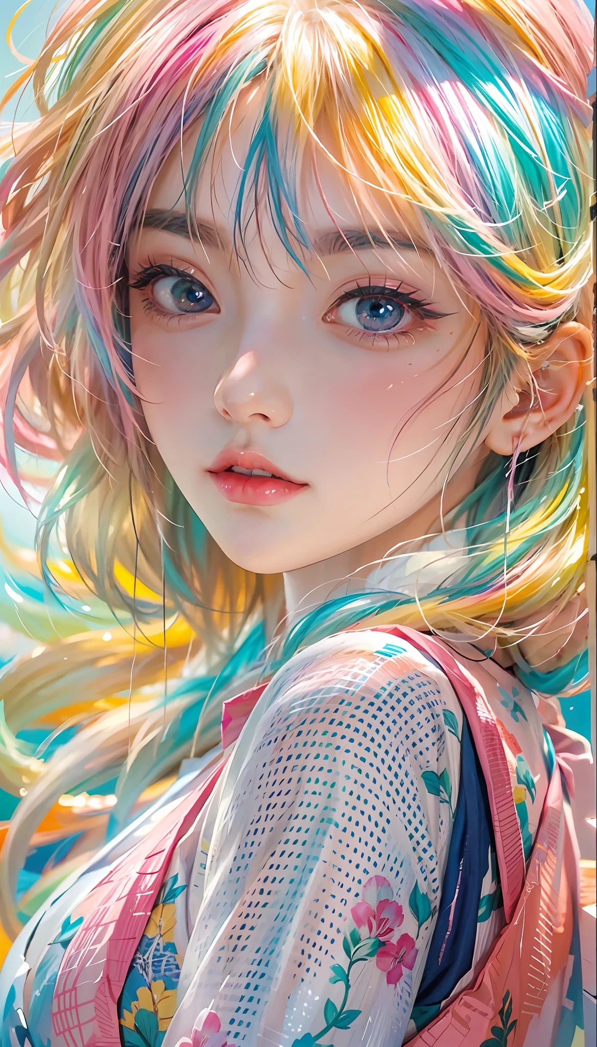 anime girl with colorful hair and a colorful dress, rossdraws pastel vibrant, rossdraws cartoon vibrant, anime style 4 k, beautiful anime portrait, artgerm colorful!!!, ! dream artgerm, beautiful anime girl, anime styled digital art, anime art wallpaper 4k, anime art wallpaper 4 k, digital anime art, extremely detailed artgerm