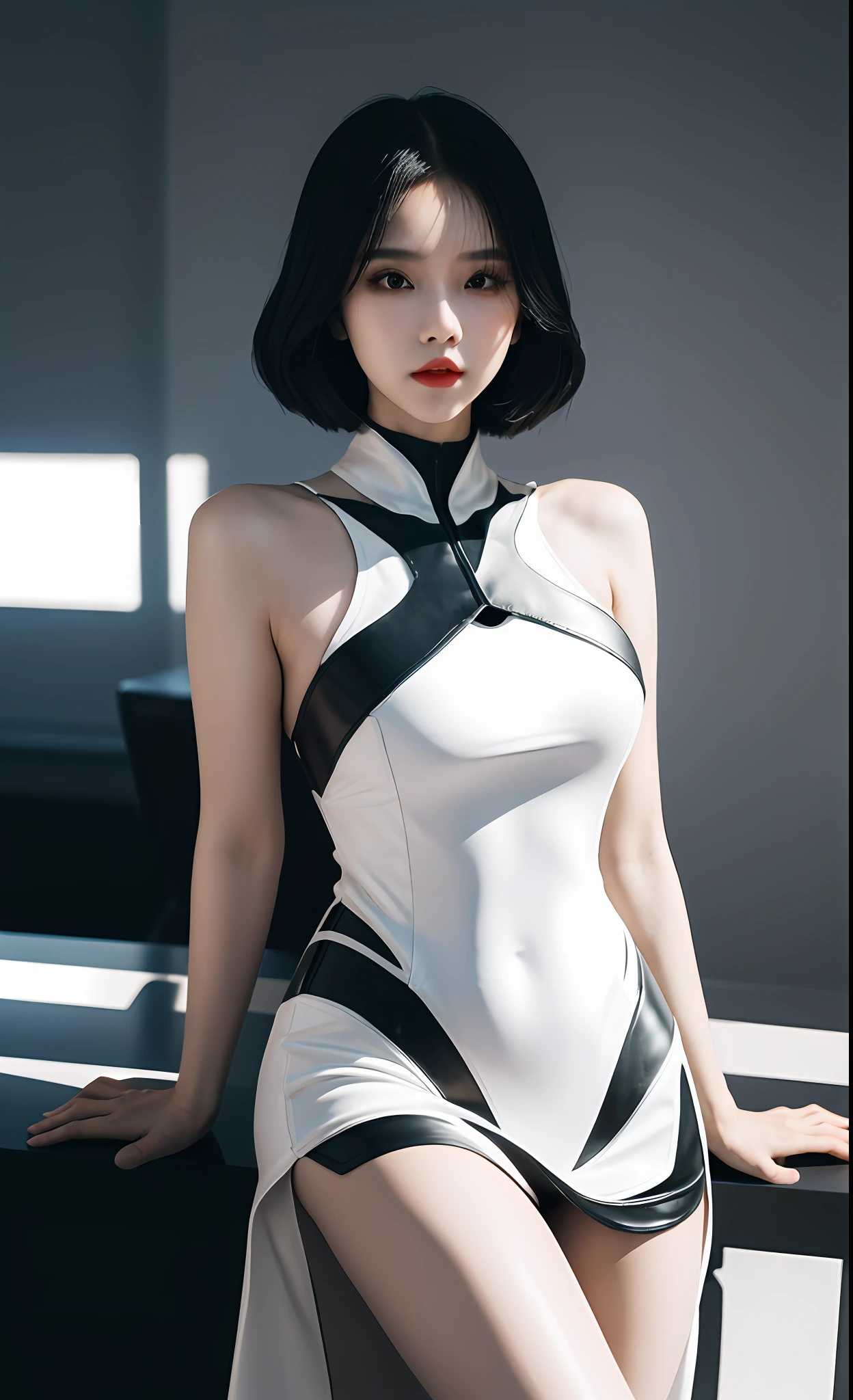 1girll, Super sexy hot outfit, poised poise, Dramatic angles, geometric shapes, contrast of light and shadow, slick futurism, avant-garde styling, High-tech background, 清晰的线条, Ultra-high resolution