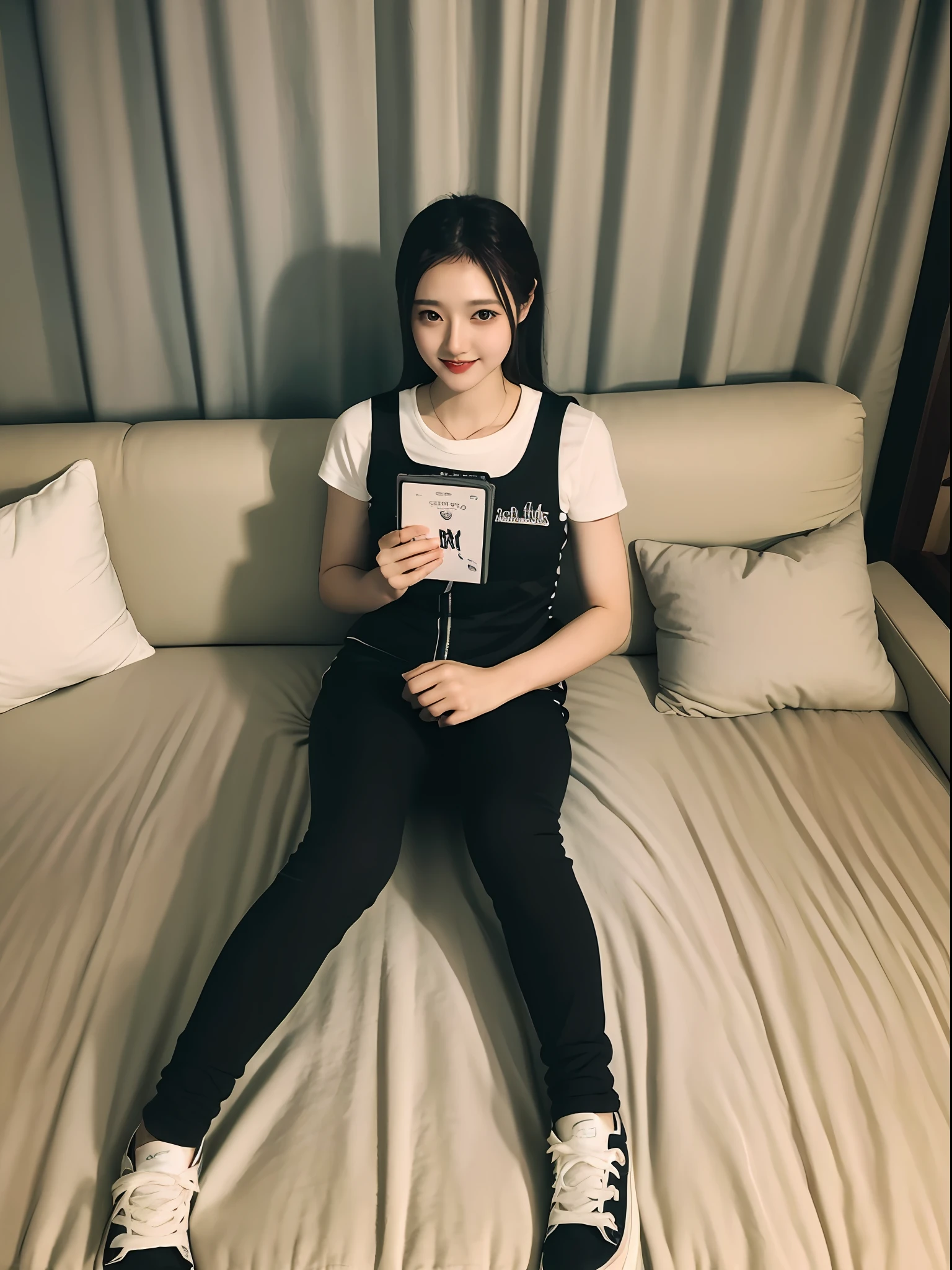 ((The highest image quality, 8K, tmasterpiece:1.3)),(1girll),long hair with a shawl,Ultra-fine face,A detailed eye,ssmile,Small chest,Slender Abs,Buttocks directed upwards,((Blackletter Vest,long black trousers,Black Sneaker Shoes,legs are long and thin,Lying on the sofa,There is a book in front of the sofa.,There is a curtain behind the sofa)),