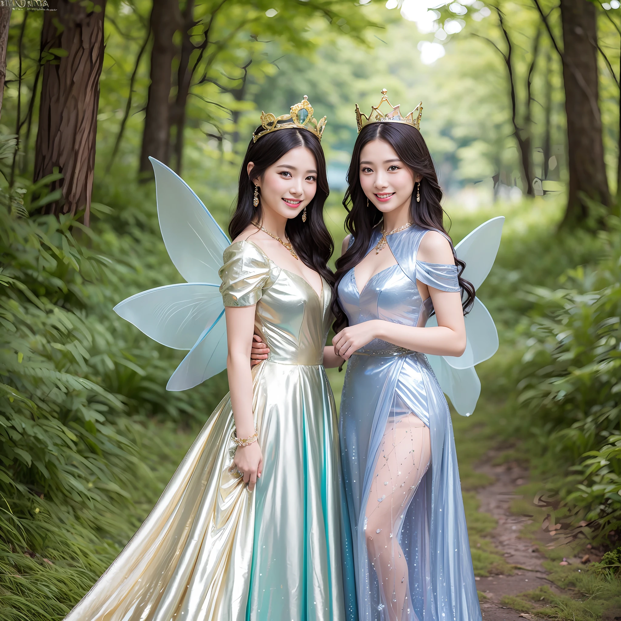 Two women in dresses and ties are posing for photos, Beautiful princess, beautiful female princess, Photo taken with Nikon D 7 5 0, Photograph Taken on Nikon D750, Shot with Canon EOA 6 D Mark II, lovely queen, With Gold Crown, Blue and silver dress, photo shot, golden goddess, smiling as a queen of fairies