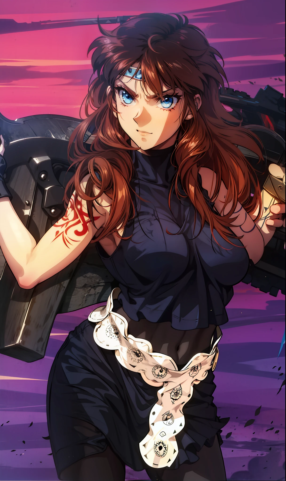 Boadicea, red-haired Viking warrior with Nordic armor and rune tattoos on her body and blooming blue eyes holding an axe, 4k