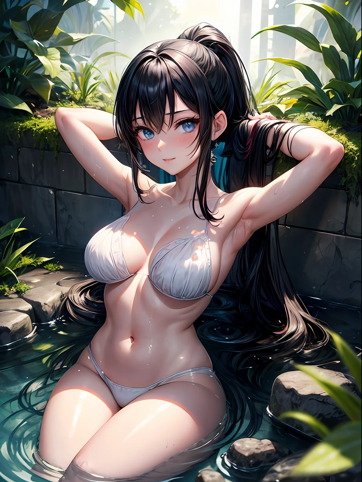 more_details:1, shiny skin,Akira_Todo_World_End, black_hair, blue eyes, ponytail, bangs, long hair, 1girl, nsfw, best quality, masterpiece, 1girl, solo,, completely, 17 years old, navel,, areola, large breasts, fair skin, slender, slim, Todo_Akira_World_End, black_hair, blue eyes, ponytail, bangs, long hair, looking at the viewer, seductive smile, parted lips, blush, arms behind head, arms up, half submerged in bath, half submerged in water, rocks, plants, forest, steam, daytime, sunlight, backlighting, chiaroscuro