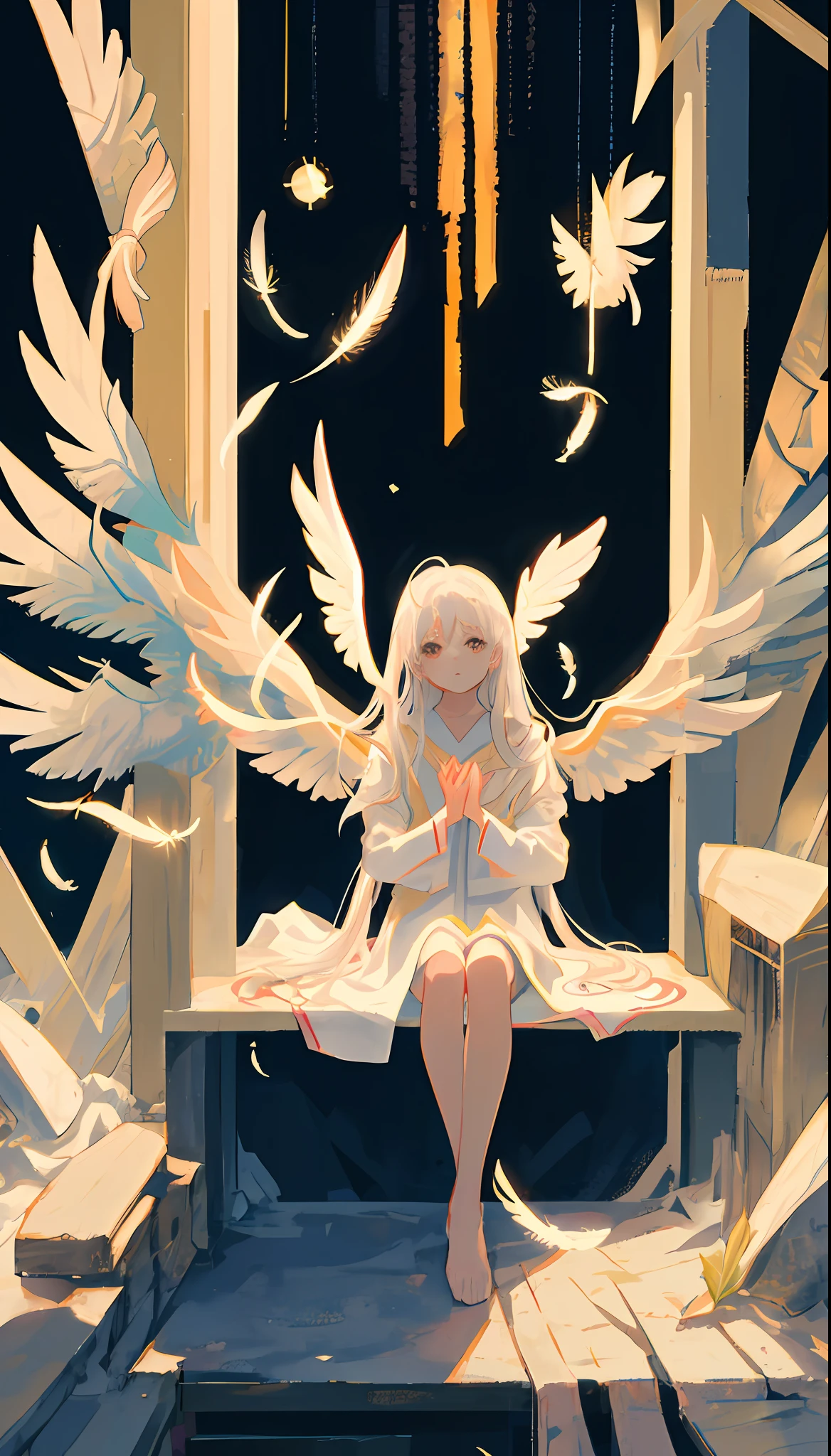 masutepiece,Best Quality,Super delicate,Two hands,2 legs,Five Fingers,1 girl,White long hair,White-eyed,Philosophical,Angel wings,Circle of Angels,Say a Prayer,Feathers flutter around the perimeter,sacred place,Sit up,1 piece of white cloth