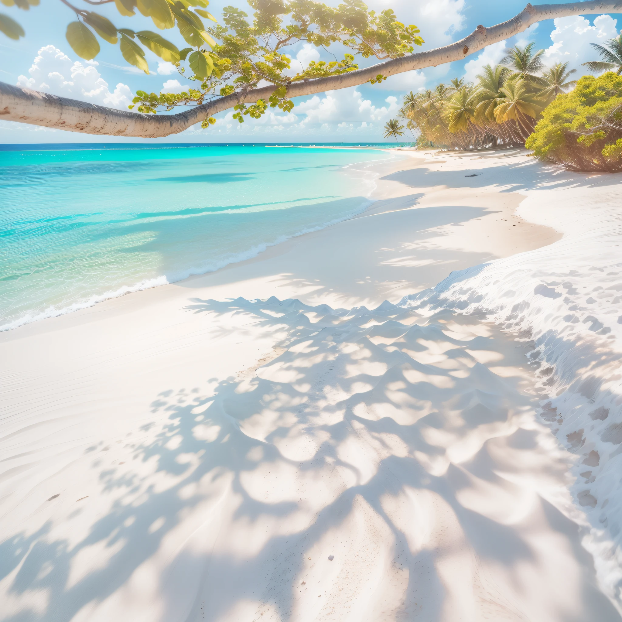 There is a white sand beach with blue sky and water, White sandy beach, Caribbean White Sand, White sandy beach, Beautiful beach, breath-taking beautiful beach, tropical ocean, White sand, beautiful ocean, turquoise ocean, clear blue water, tropical beach paradise, on a tropical beach, sunny day at beach, Maldives on the background, beautiful high resolution,64k