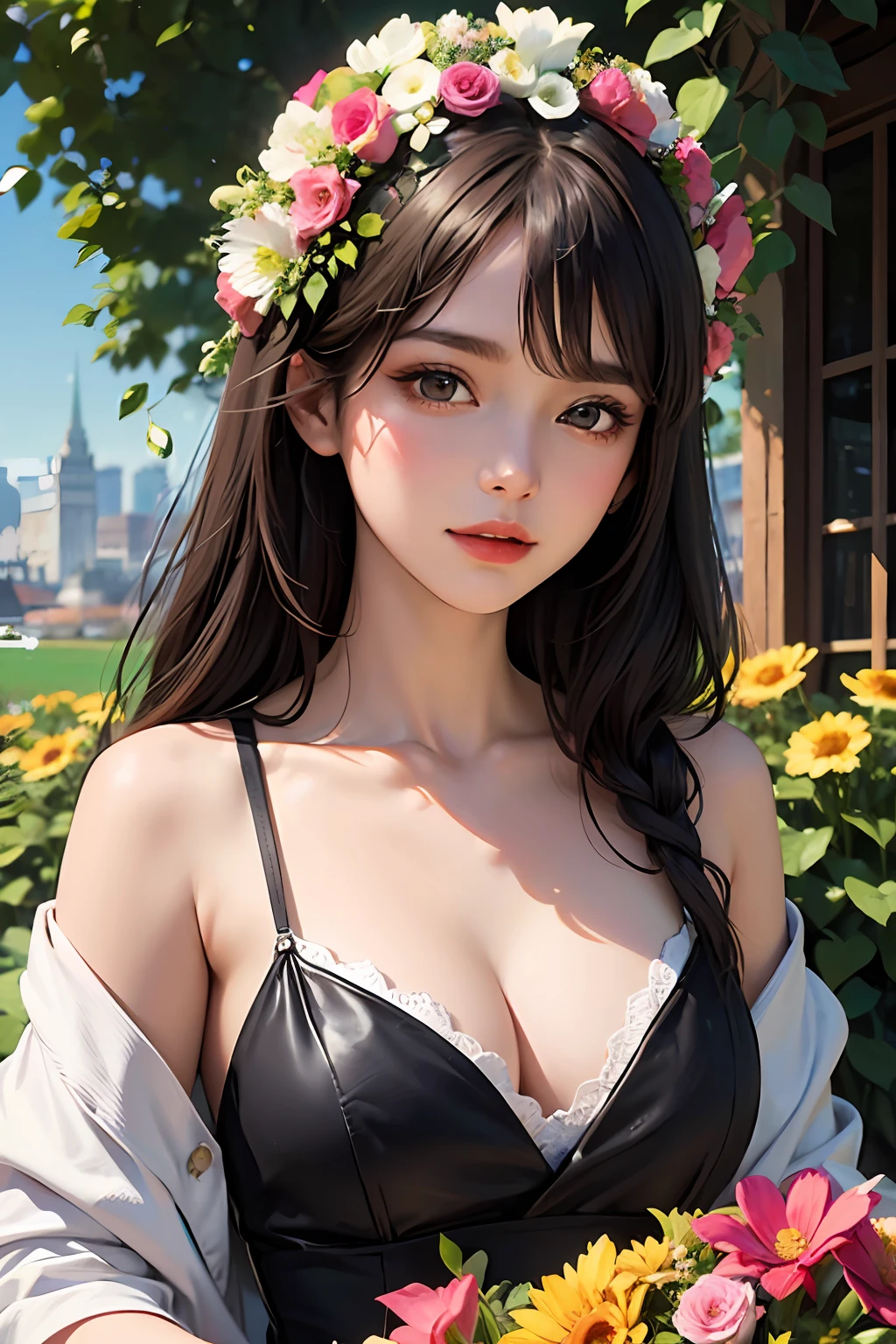 commercial illustration of a woman dressed in flowers with flowers in her hair, in the style of artgerm, vibrant palette knife, franciszek starowieyski, michael malm, captures the essence of nature, sun-kissed palettes, illustration