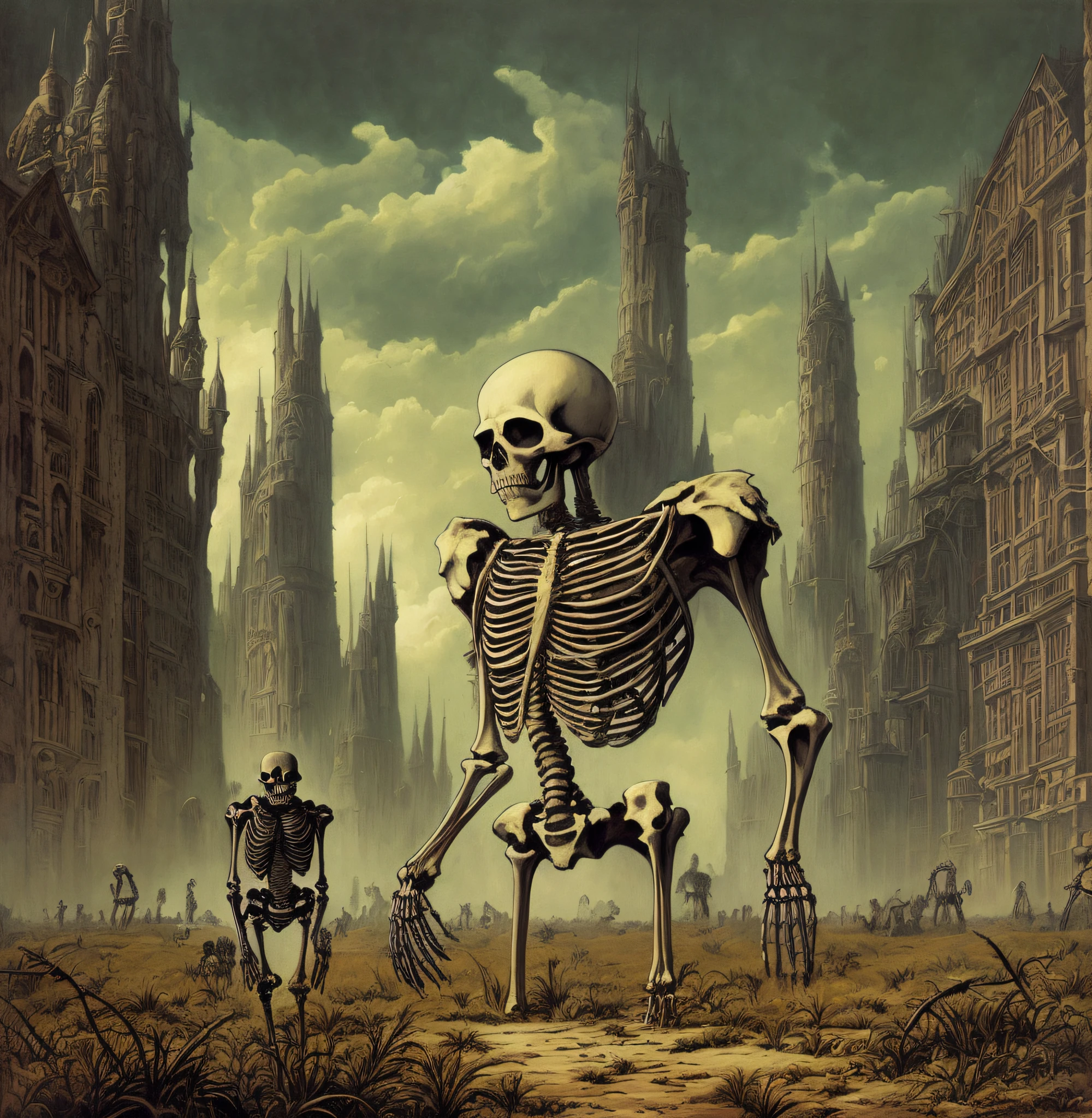 there is a painting of a skeleton and a skeleton in a field, old - school dark fantasy art, by Bernie Wrightson, from berserk, dug stanat macabre art, by Terry Oakes, dwayne barlowe, skeletons rising from the dead, art style of john blanche, by Ian Miller, inspired by Earl Norem, with a skeleton army