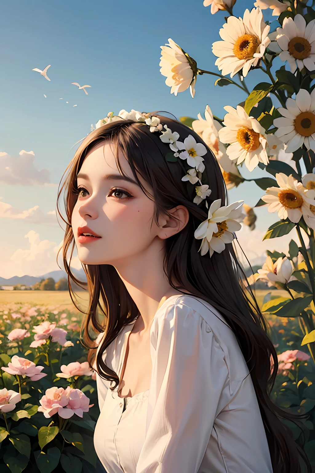 commercial illustration of a woman dressed in flowers with flowers in her hair, in the style of artgerm, vibrant palette knife, franciszek starowieyski, michael malm, captures the essence of nature, sun-kissed palettes, illustration