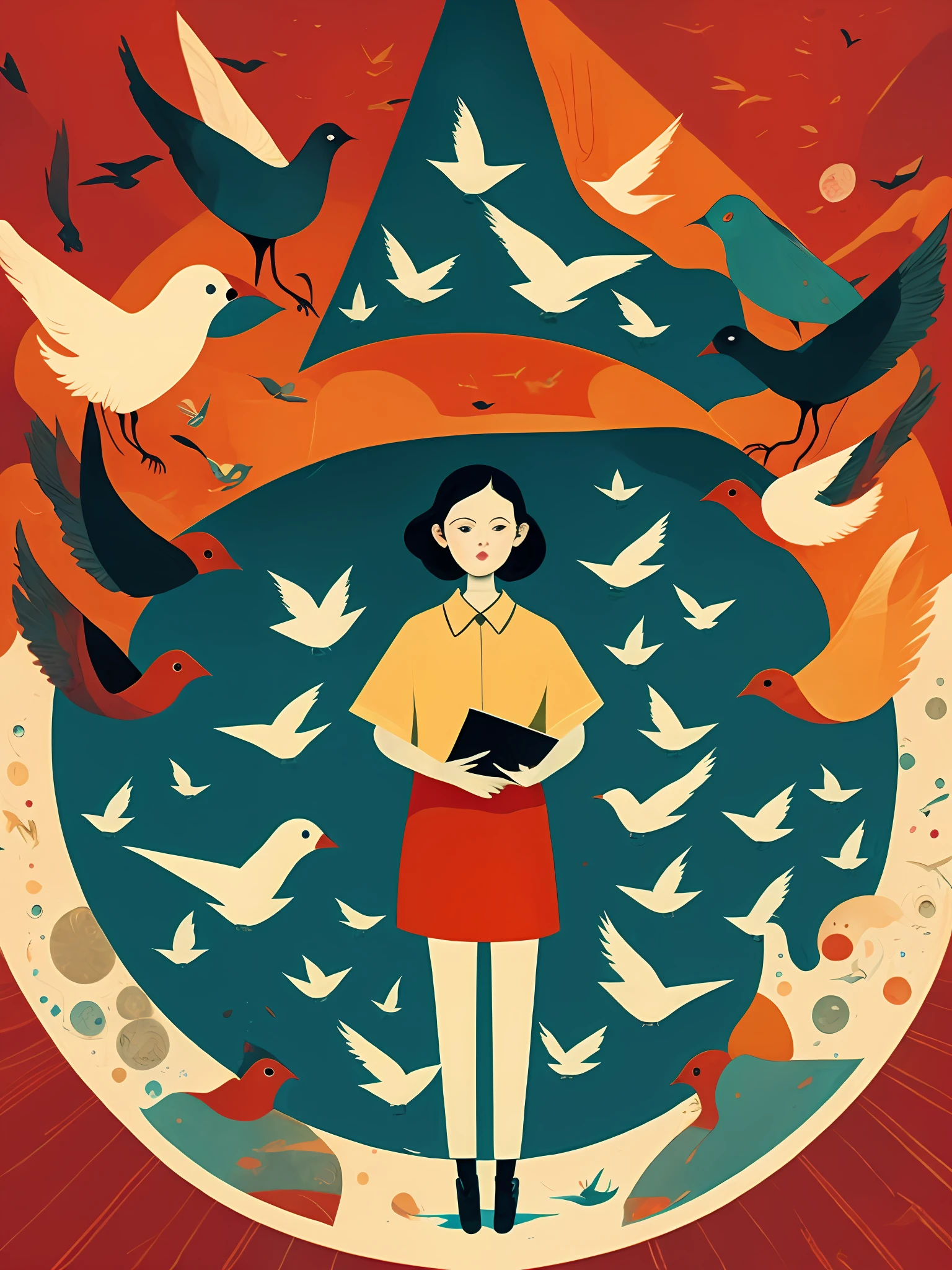 Maximalism，Constructivism，Graphic illustration，A woman stands in front of a large round object，Holding a large book in both hands，Birds fly around it，The author is Victor