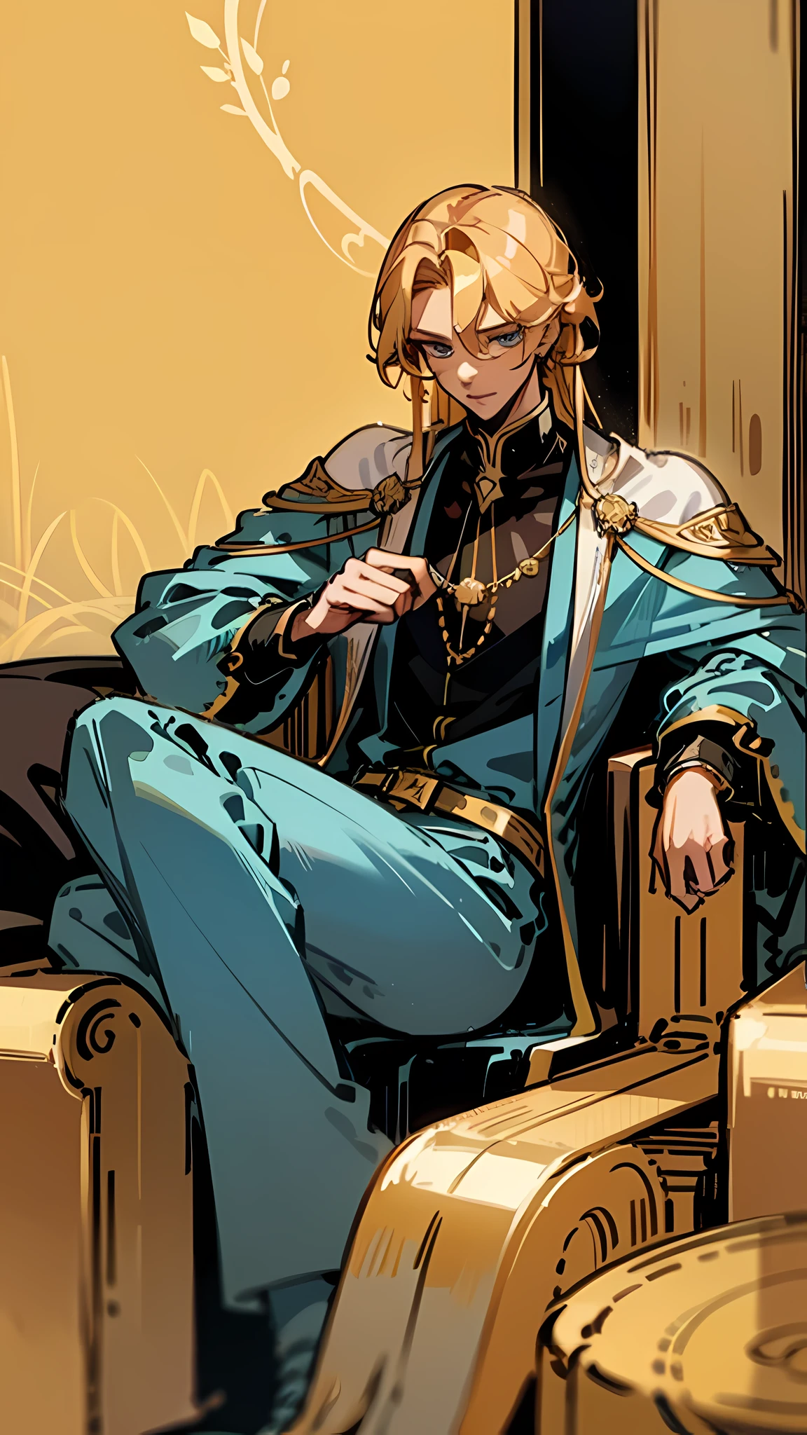 A young man in his twenties, Golden hair and blue eyes, handsome, cool, Prince of the Empire, Luxury clothing