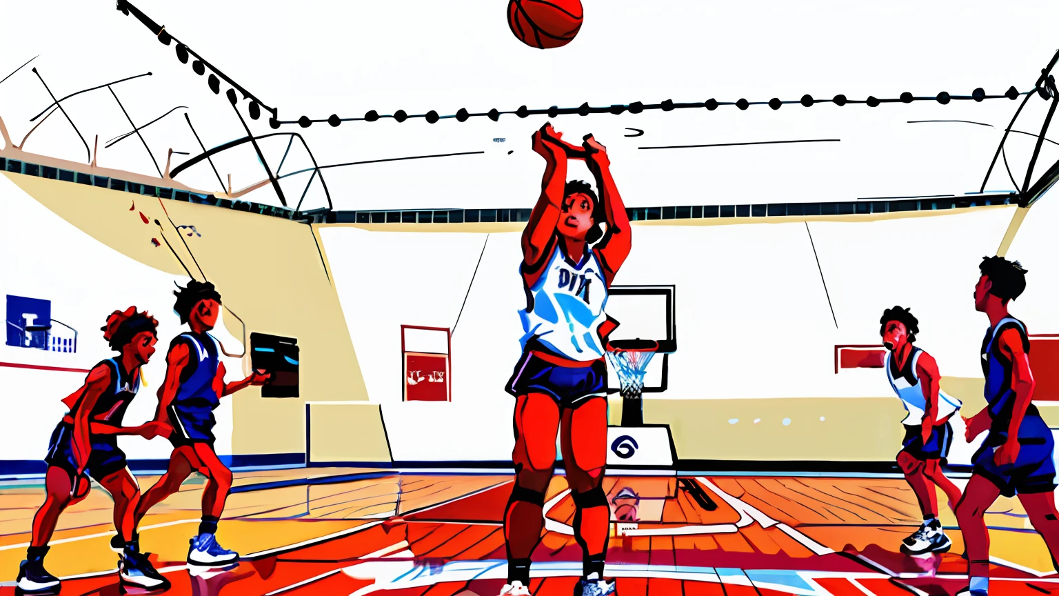 Sketch of a basketball game with a woman shooting, intense line art, line art illustration, Basketball court background, Black and white line drawing，handpainted