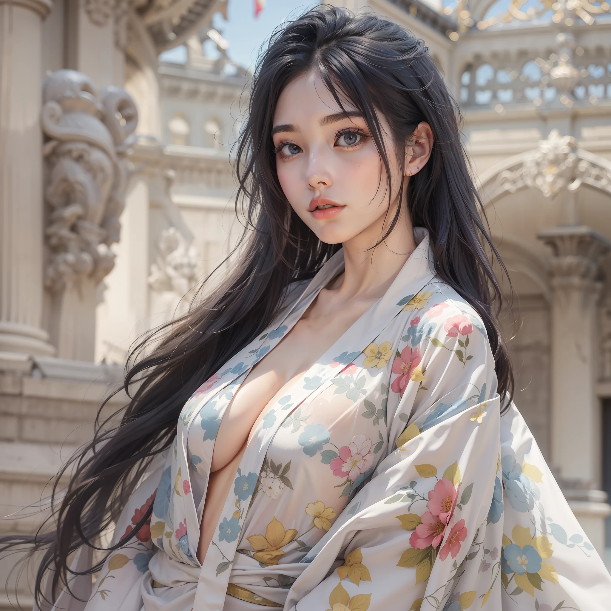 32 year old beautiful woman with attractive long black hair、Double eyelids、The background is the Palace of Versailles in France、Looking here、One white see-through yukata that sticks to bare skin、very large breast、wide open legs、The color and shape of the tip of the chest is visible 、You can see the color and shape of the areola、You can see through a lot of pubic hair、The entire chest shows through、