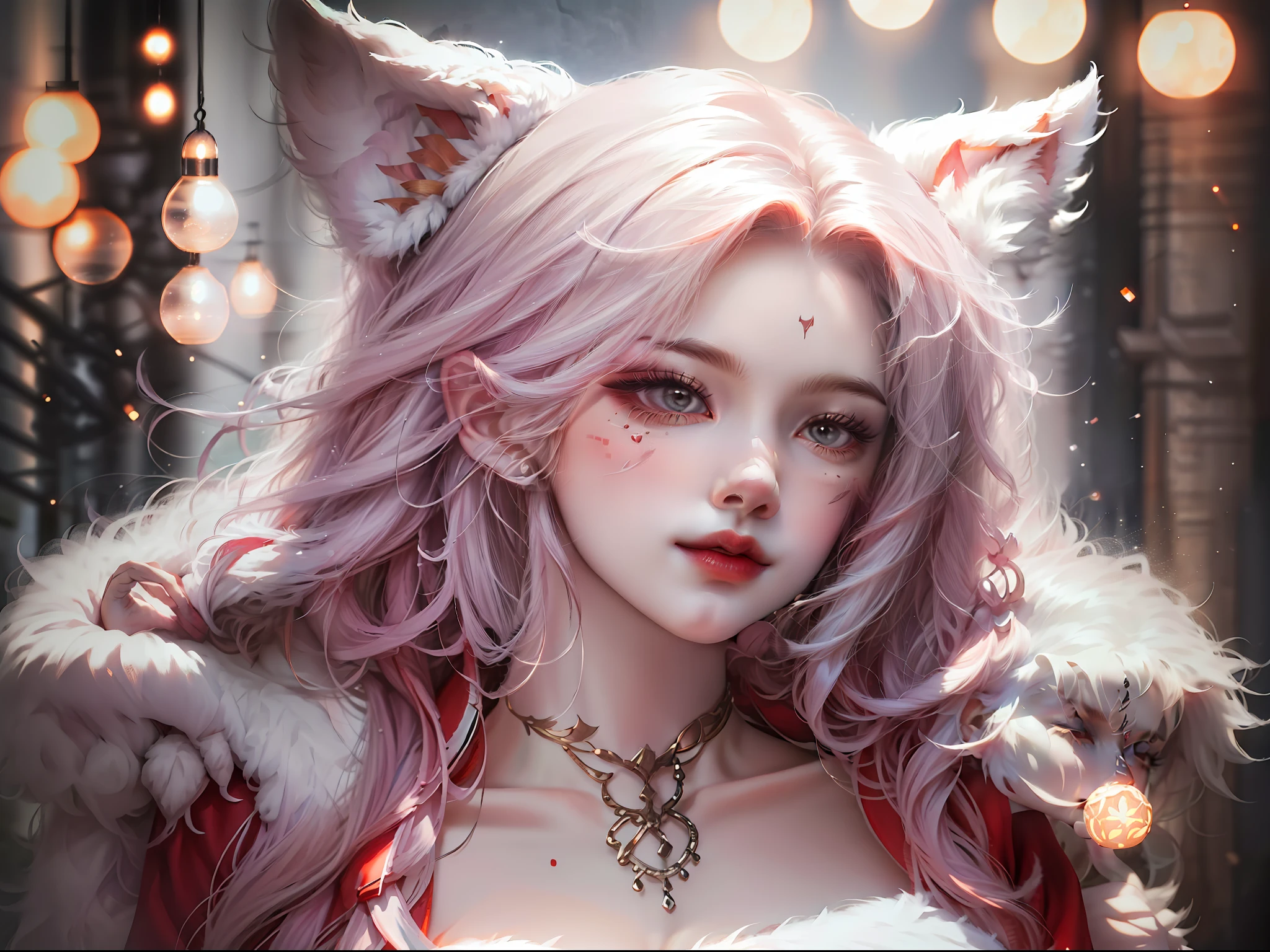 furry, white fur, ultra cute face, red elements on fur, glowing t-shrt, beautiful lights and shadows, ambient light, ultra detailed fur, volumetric light