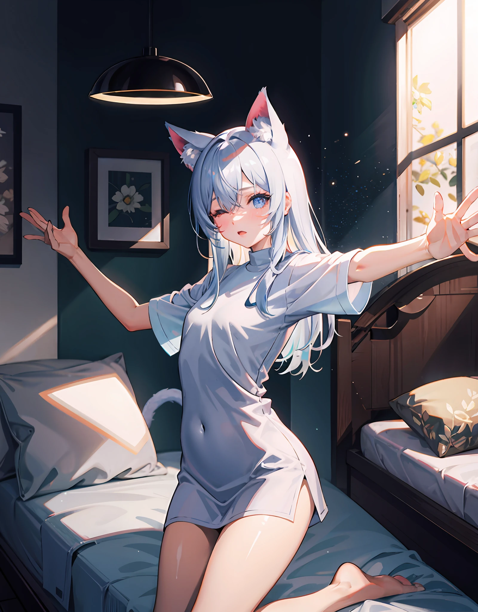 masutepiece,Best Quality,ultra-detailliert,Two hands,Two legs,Five Fingers,best faces,1 girl,Blue Long Hair,timid,Cat ears,pale blue eyes, Height 145cm,small tits,Big shirt,Yawn, Stretch your body,Close one eye,Teary-eyed, Sit on the bed,light coming through the window,Cat tail,Infant face