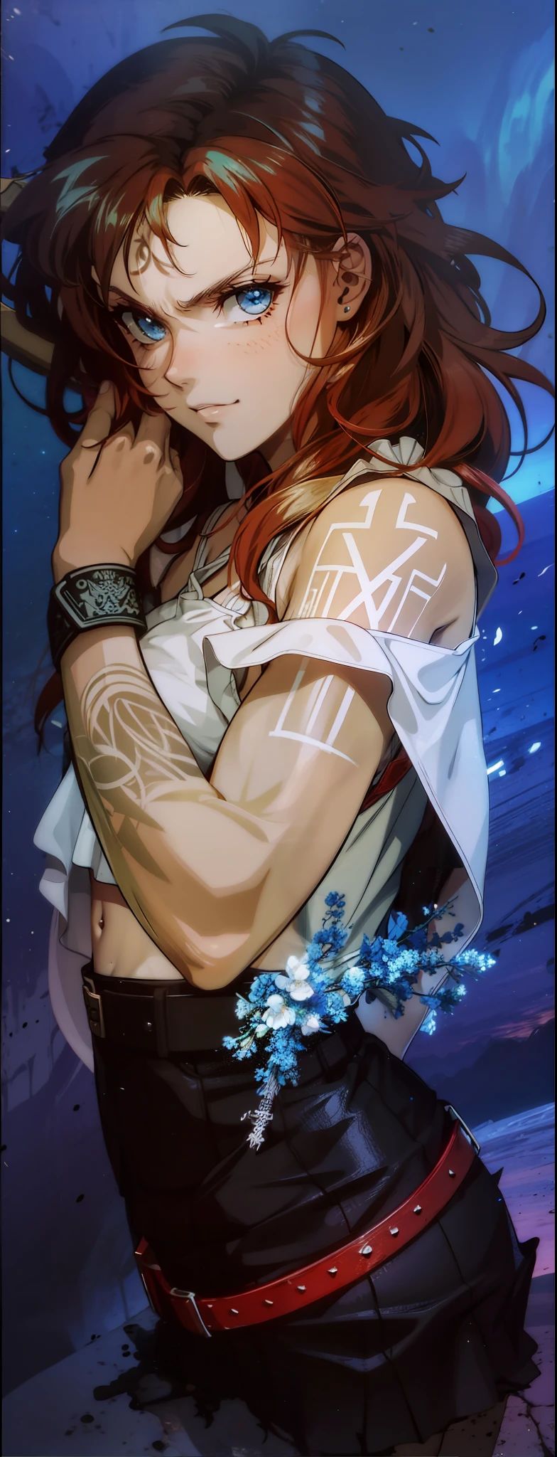 Boadicea, red-haired Viking warrior with Nordic armor and rune tattoos on her body and blooming blue eyes holding an axe, 4k